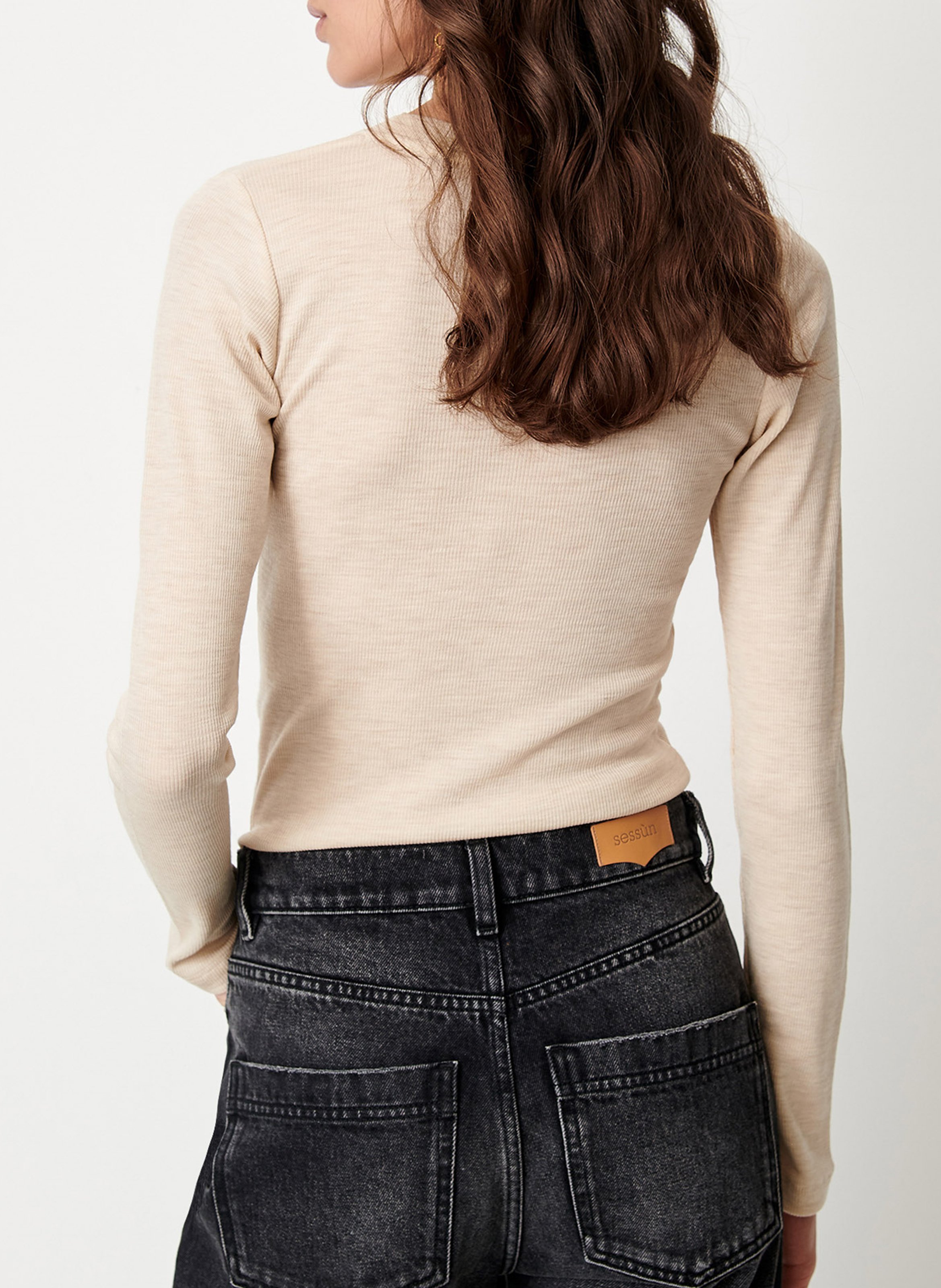 Top droit col rond en maille rafter SESSUN Beige