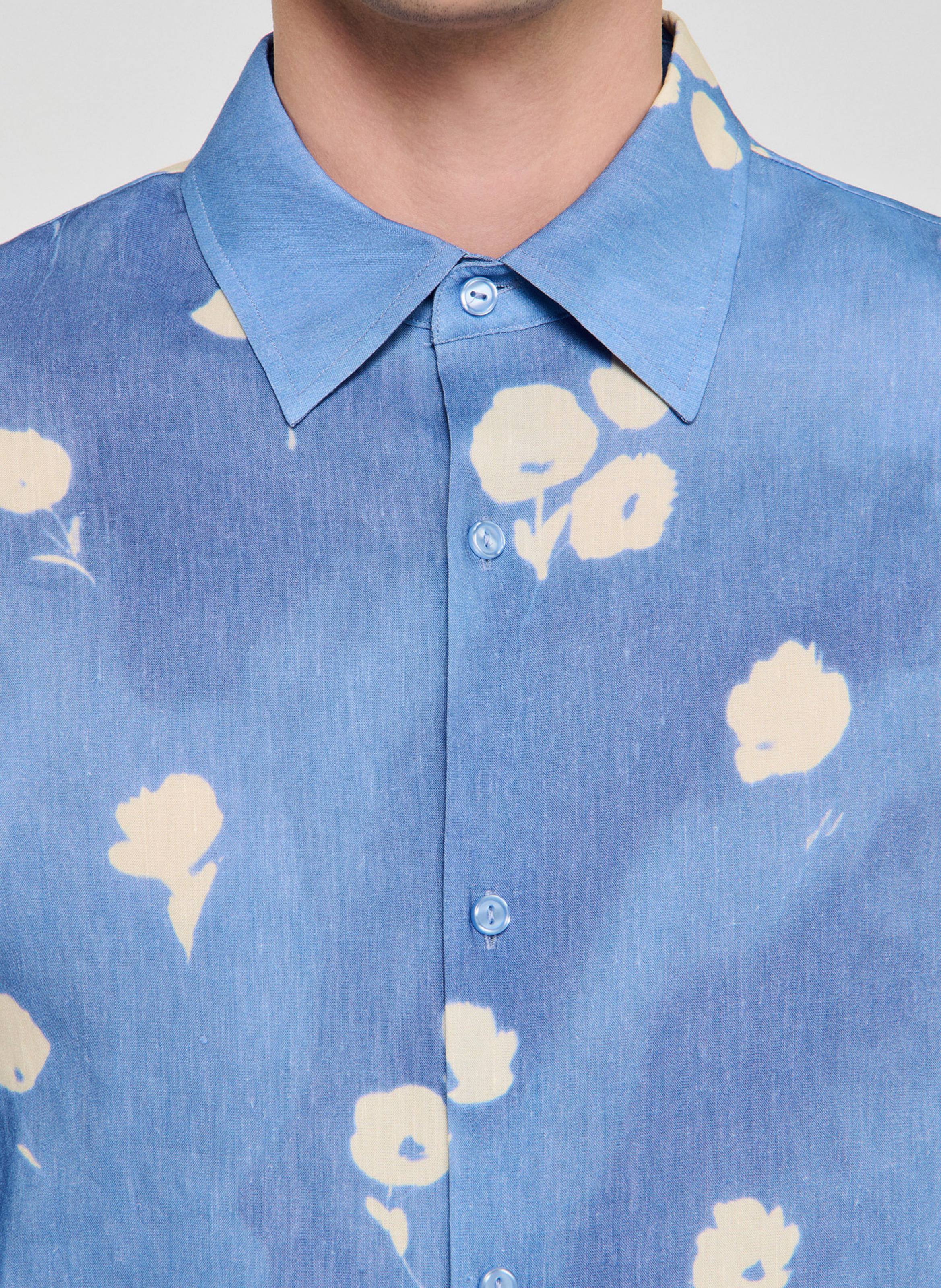 Chemise imprimé floral en lin SANDRO Bleu