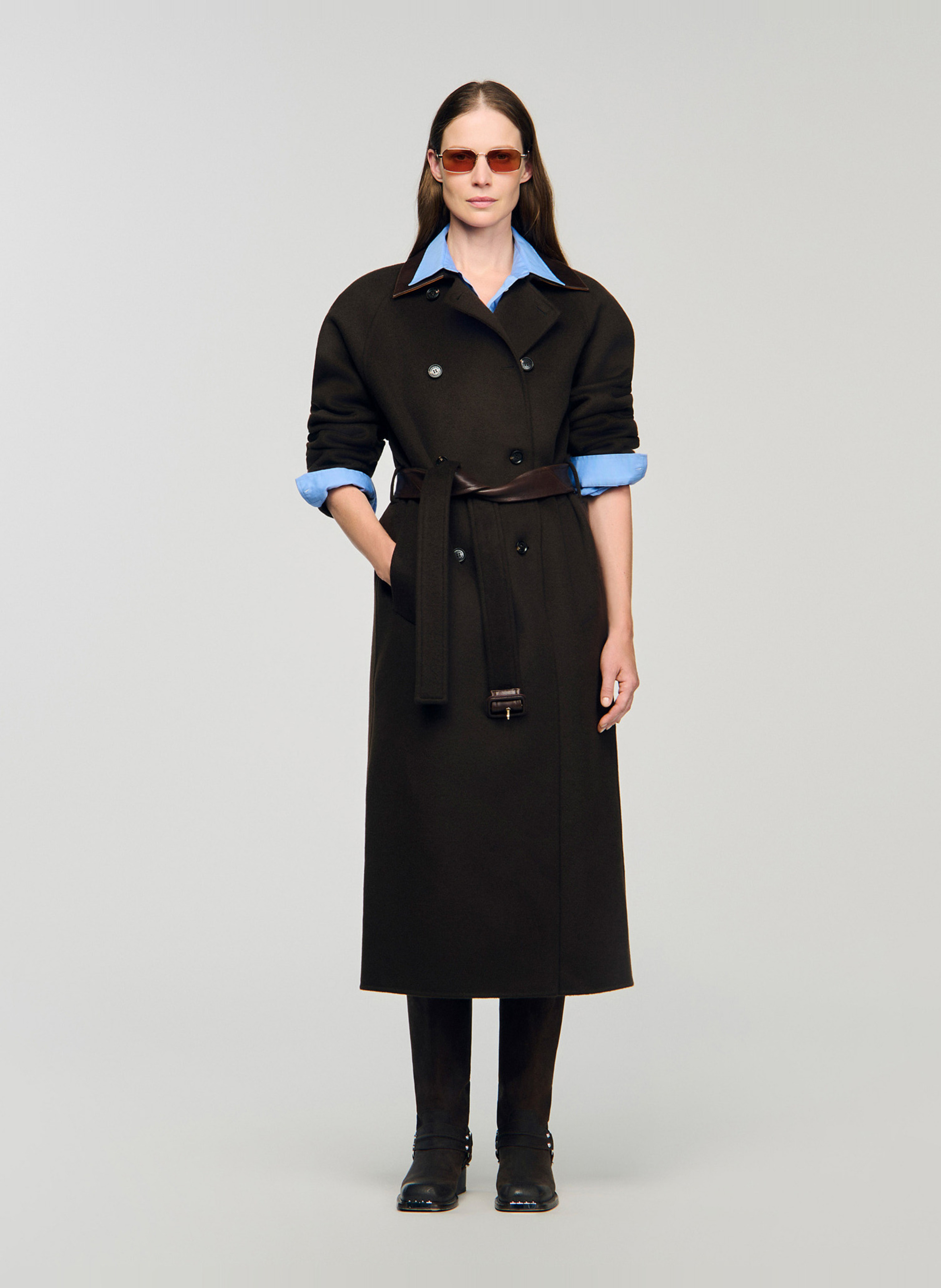 SANDRO Manteau long oversize en laine Marron