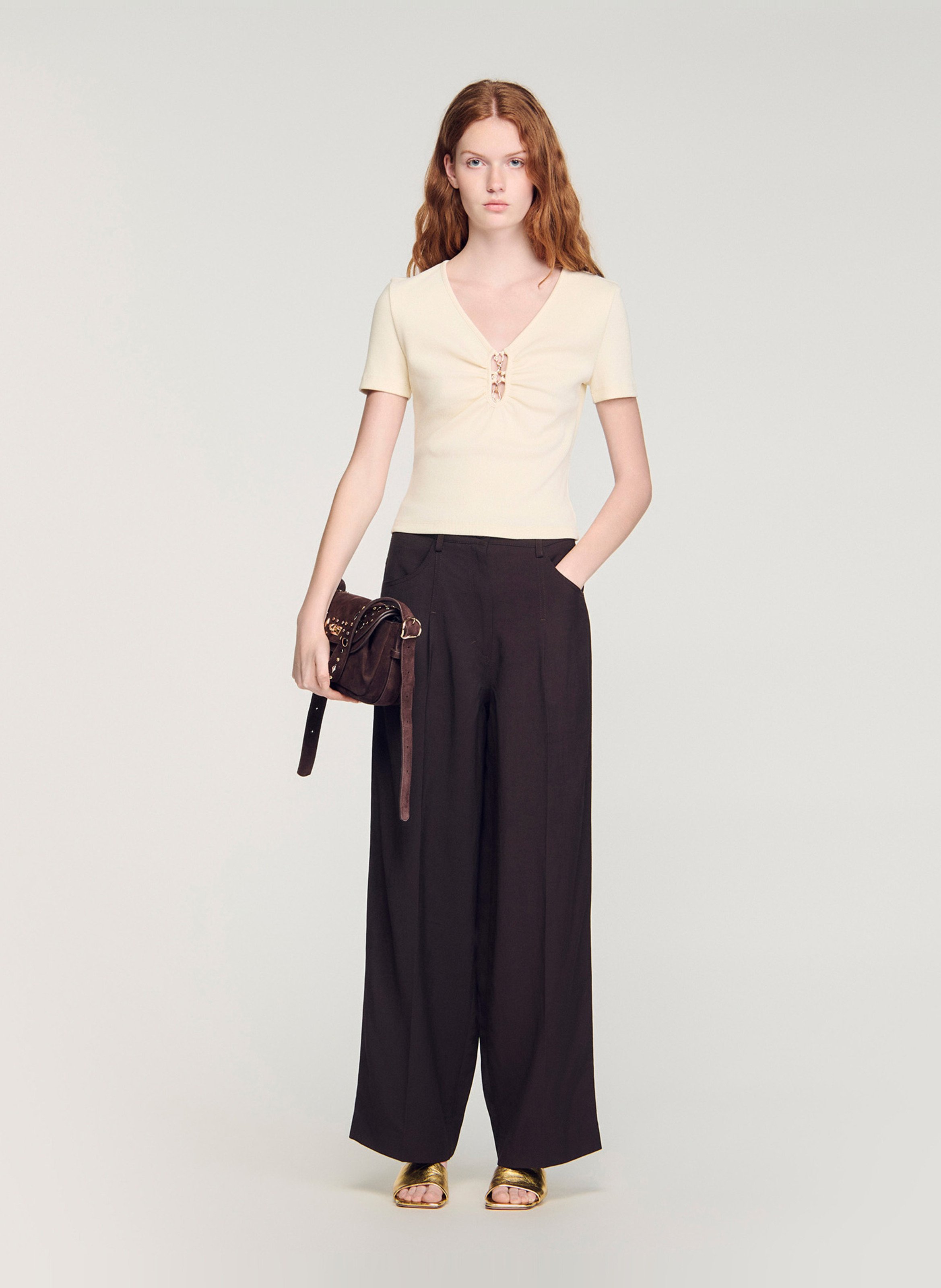 Top col v en coton mélangé SANDRO Beige