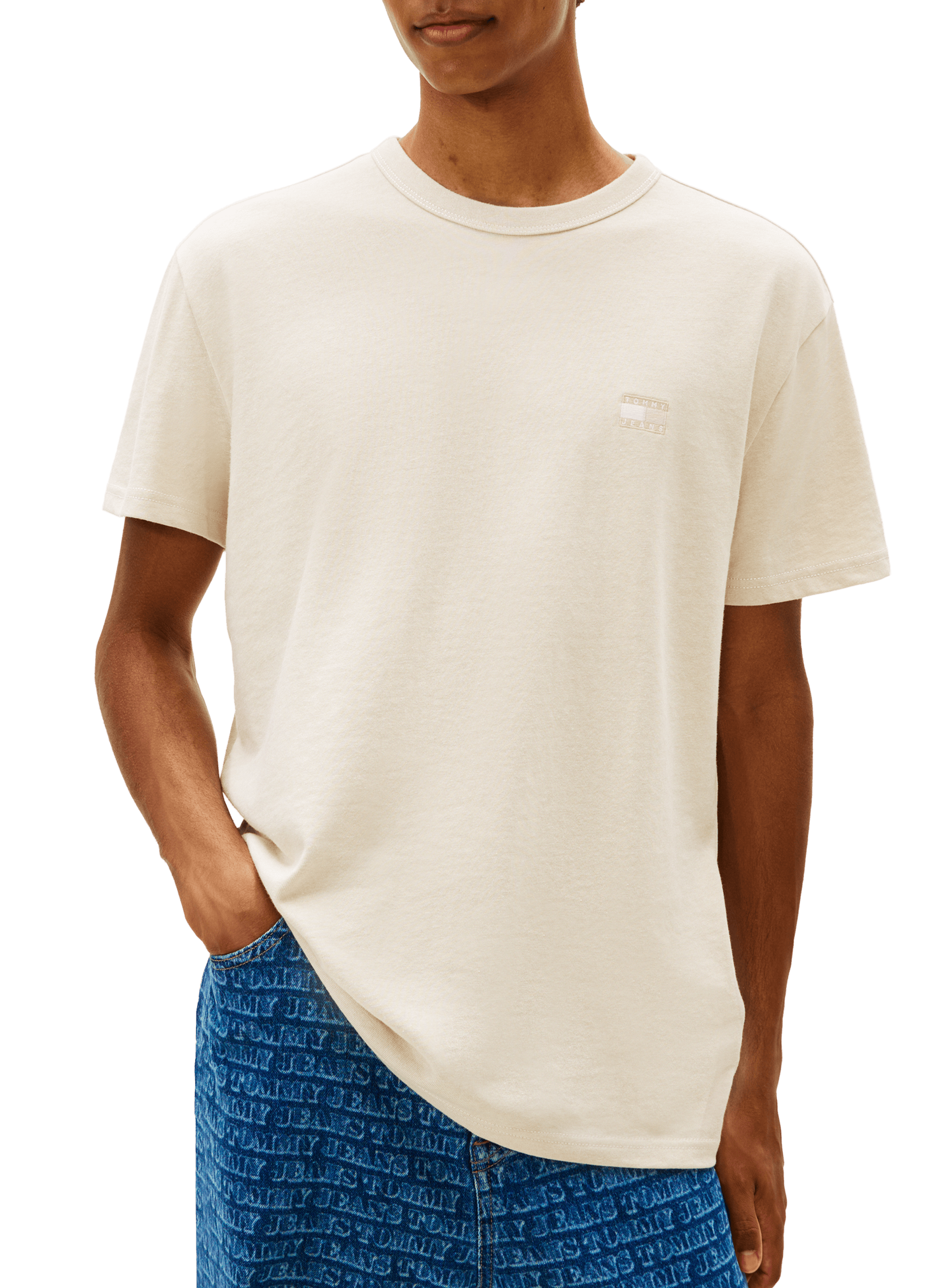 Round neck short sleeve t-shirt with embroidered logo TOMMY HILFIGER Beige