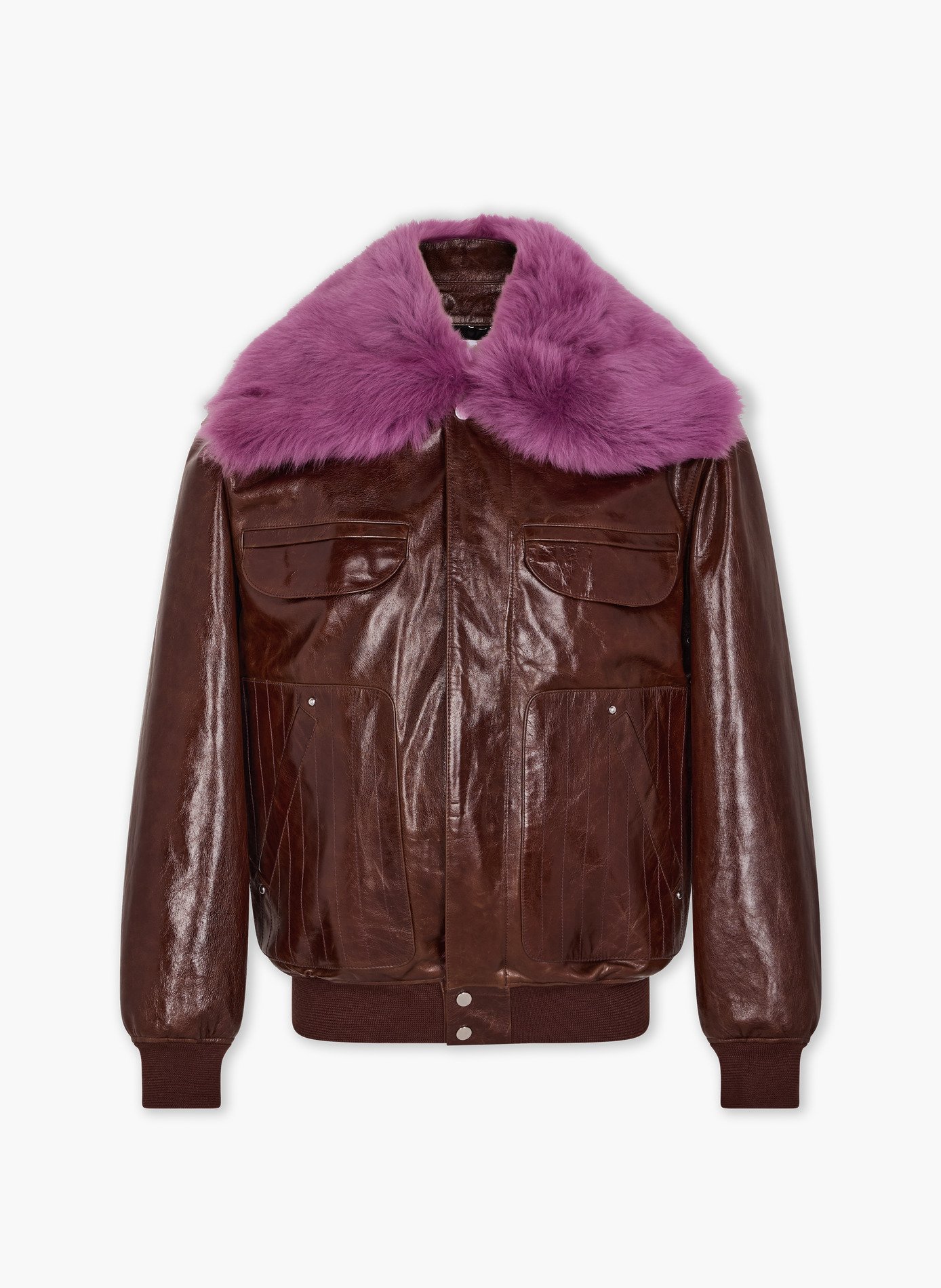 Blouson bomber oversize en cuir craquelé avec col amovible en shearling RABANNE Marron