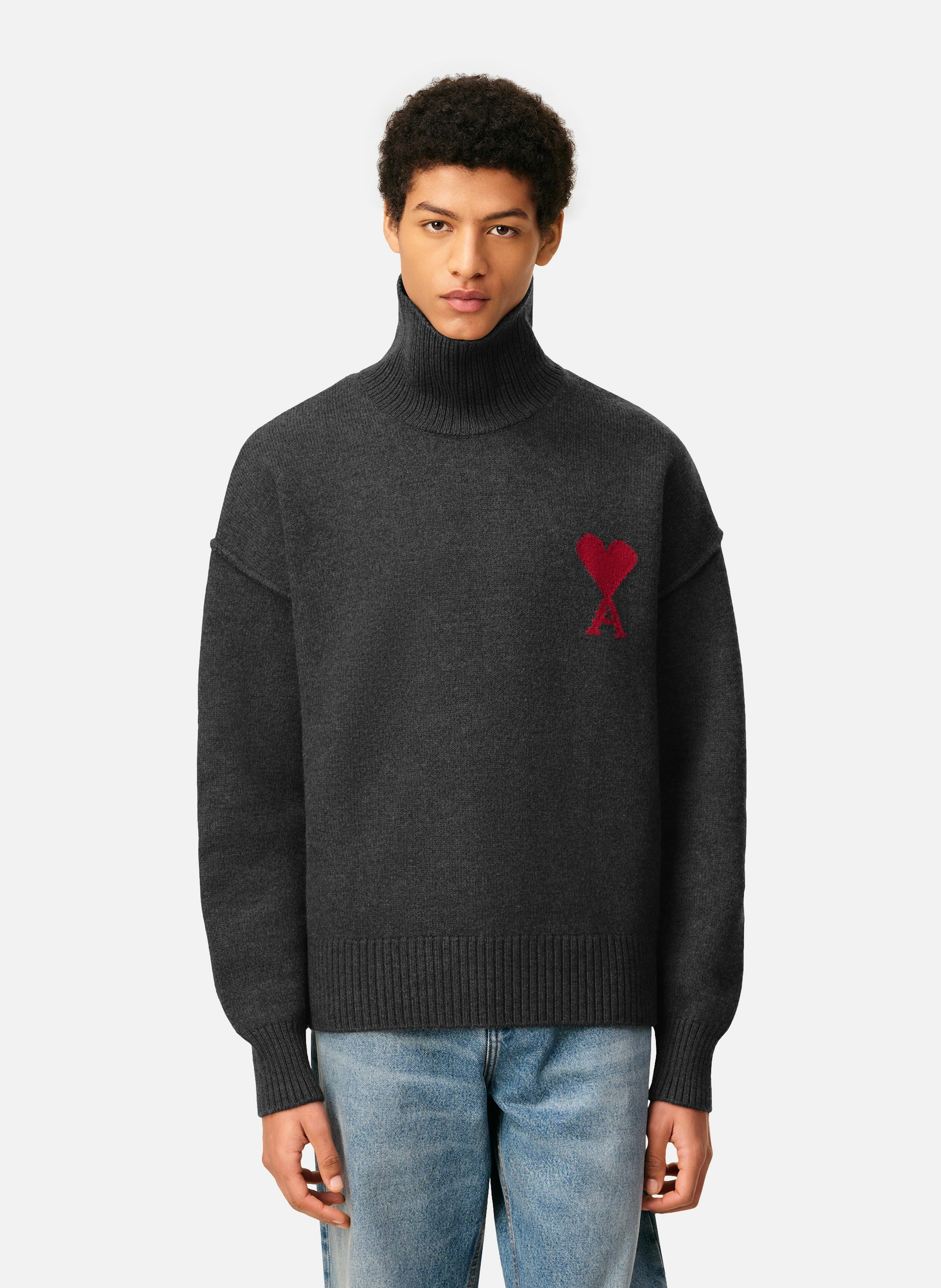 Pull col cheminée ami de coeur en laine unisexe AMI PARIS Gris