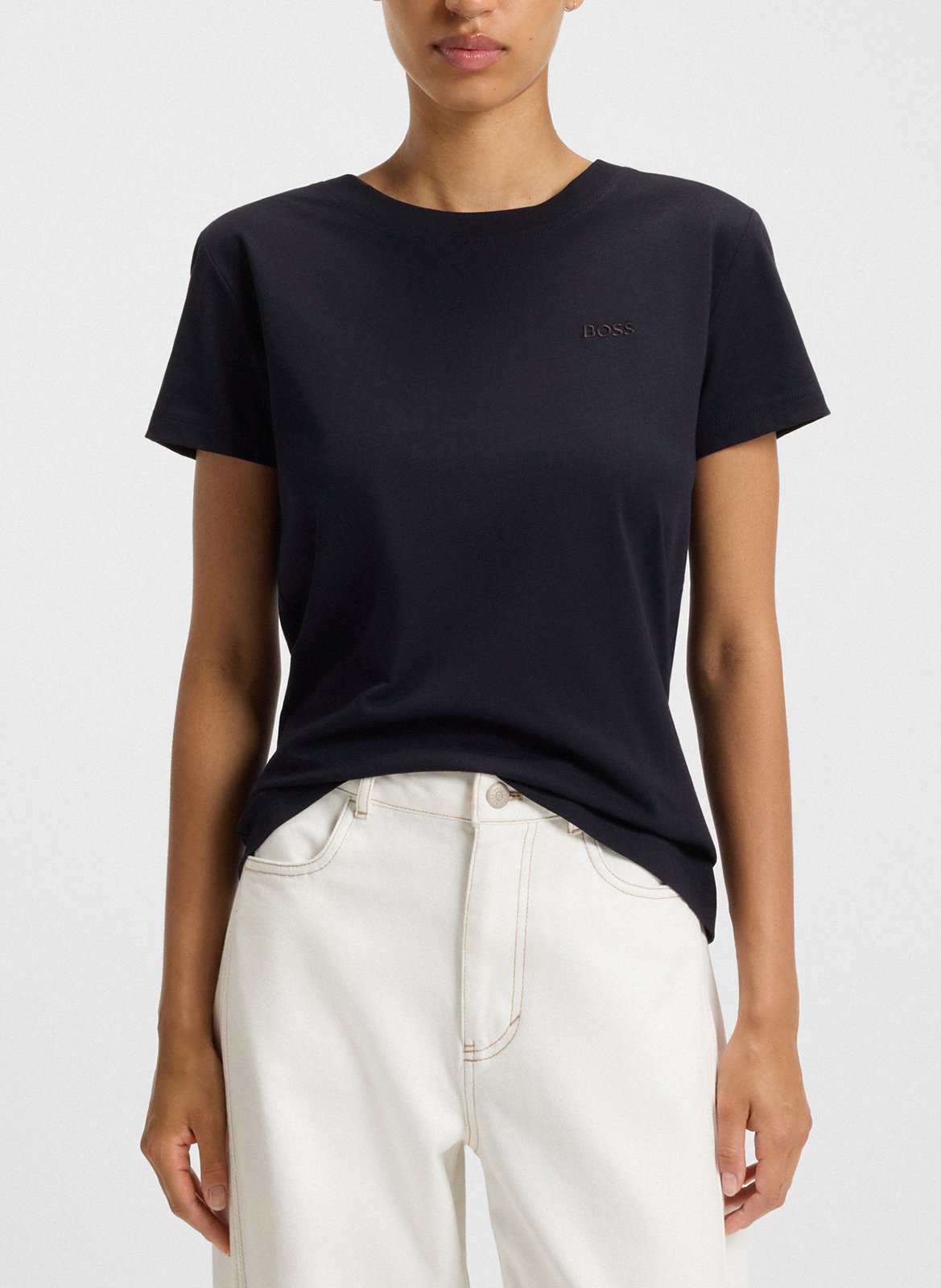 Tee-shirt droit col rond brodé en laine vierge  Bleu fonce