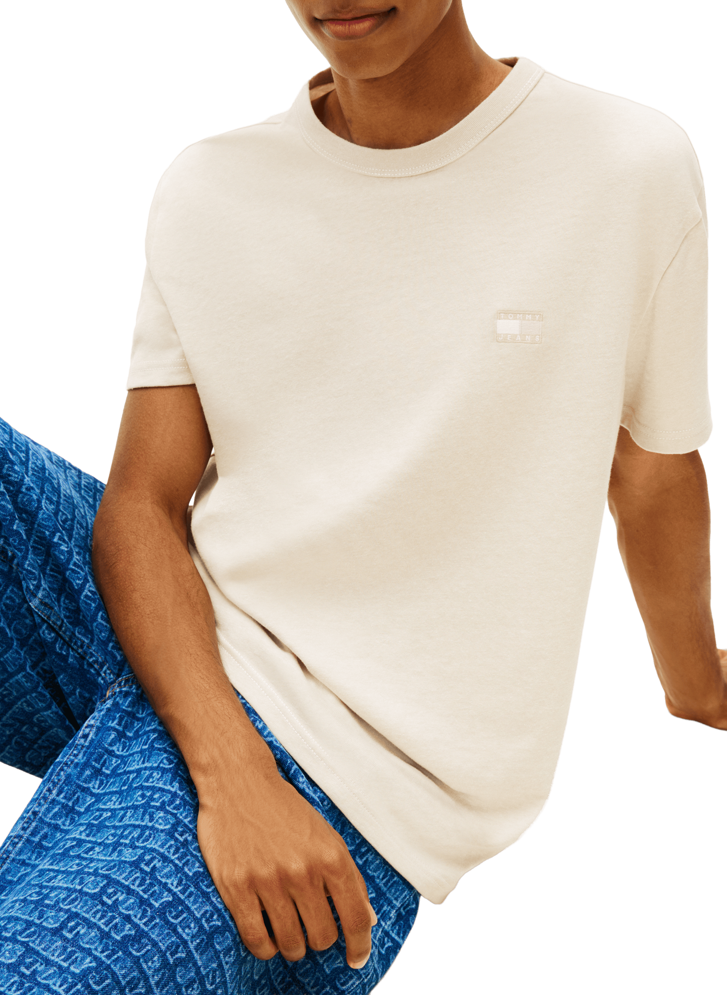 Round neck short sleeve t-shirt with embroidered logo TOMMY HILFIGER Beige