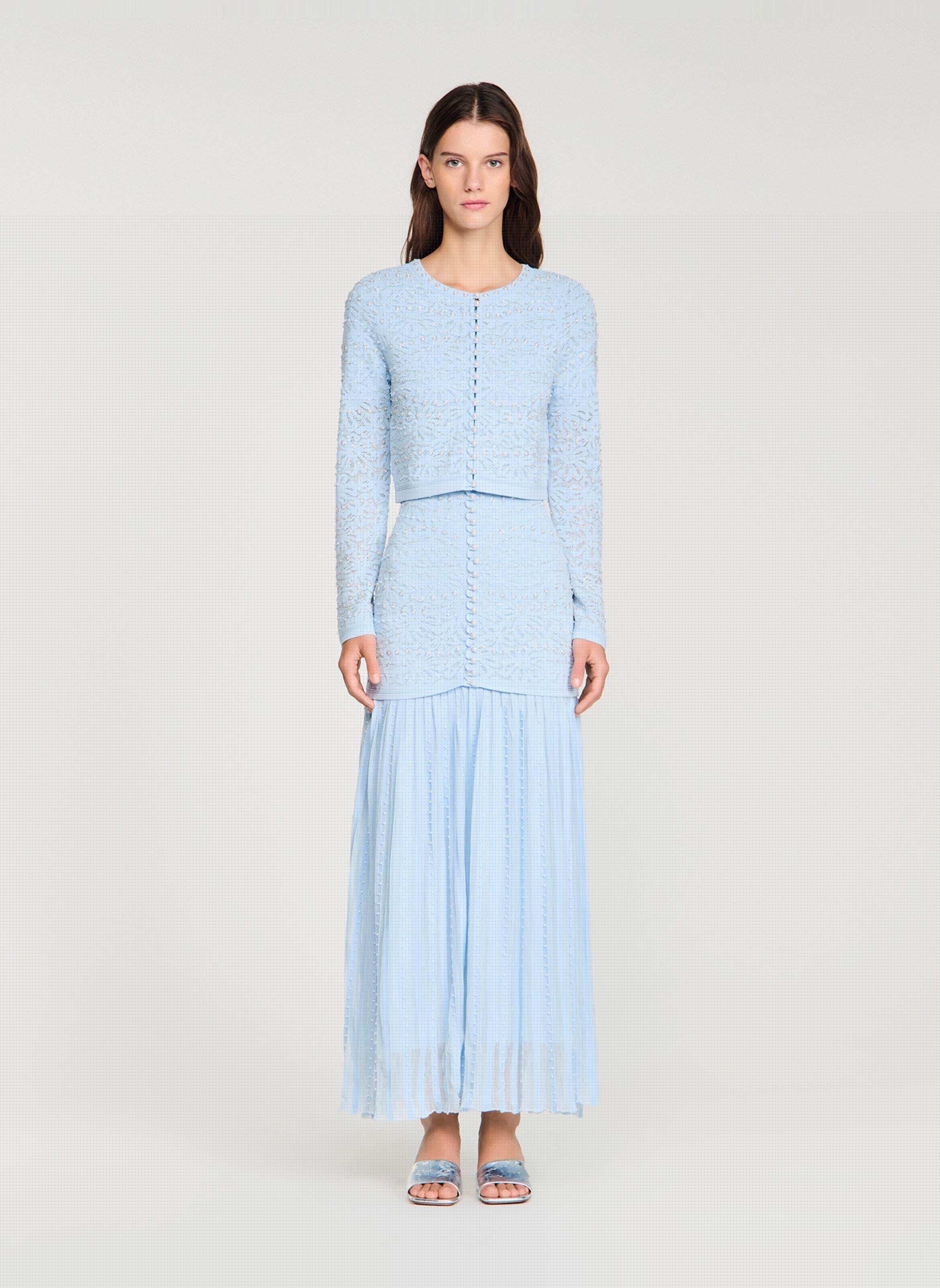 Cardigan court en maille brodée SANDRO Bleu