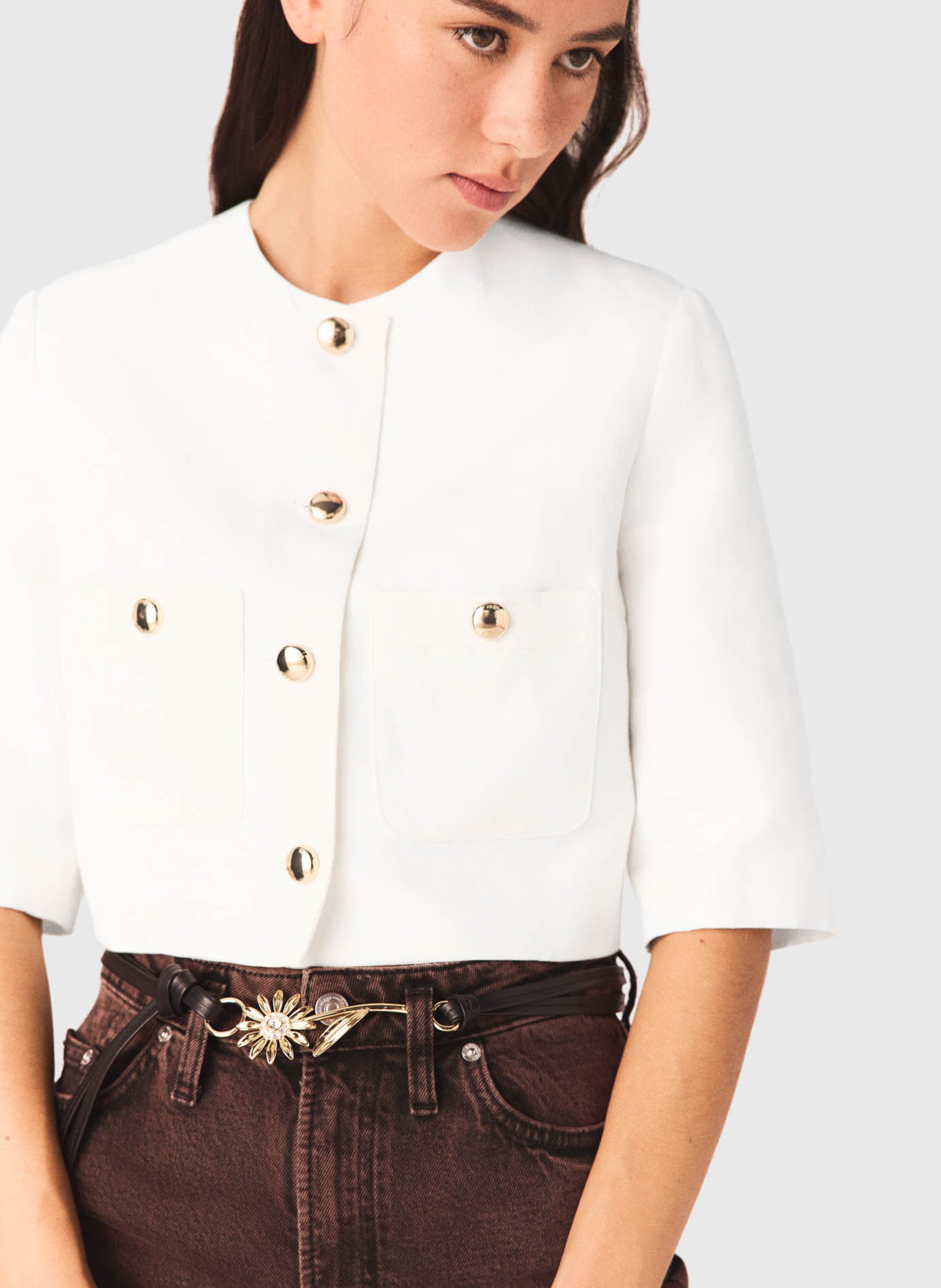 Veste tailleur court boutonnée en lin mélangé MAJE Blanc