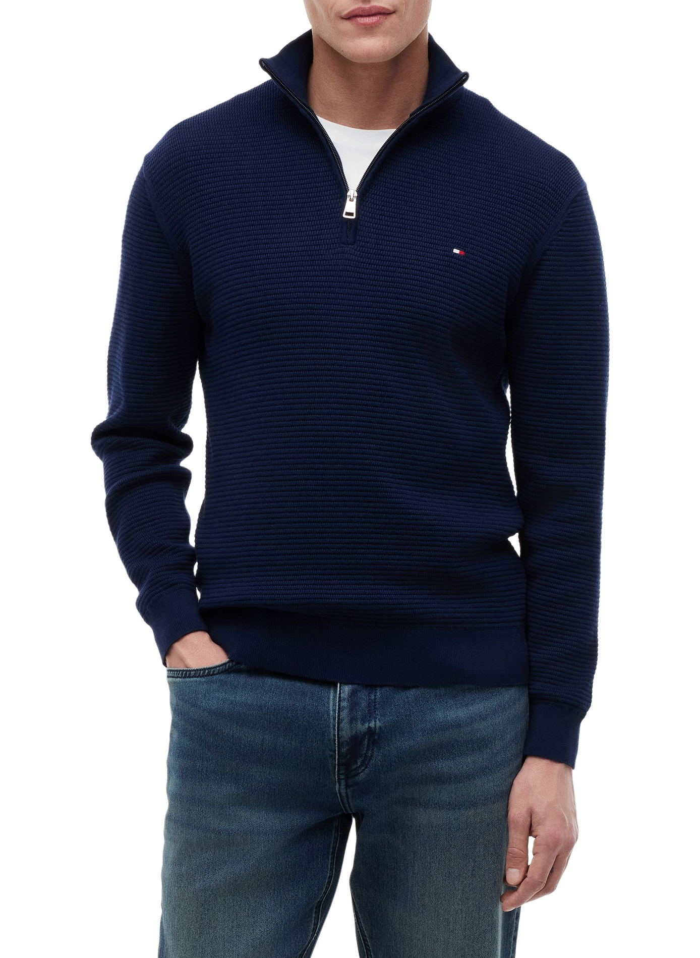 Straight cotton sweater with zip collar TOMMY HILFIGER Blue