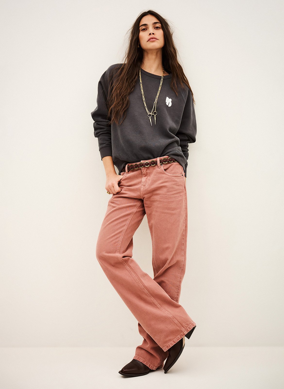Ruime ronde hals katoenen sweater met zwierige pasvorm | Grijs BA&SH Dames