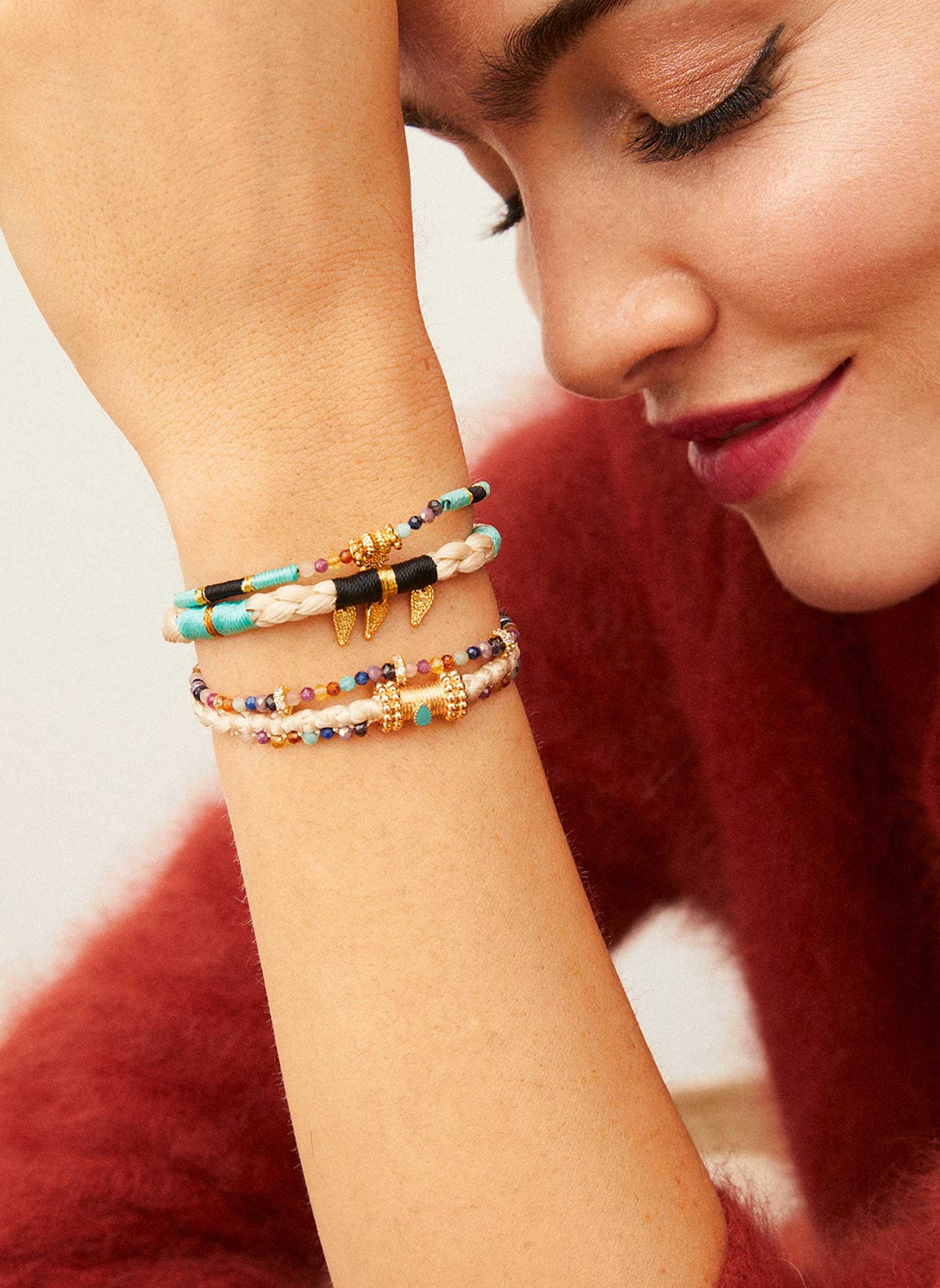 Manchette multiliens avec fermoir aimanté et perles semi-précieuses bosphore HIPANEMA Bleu