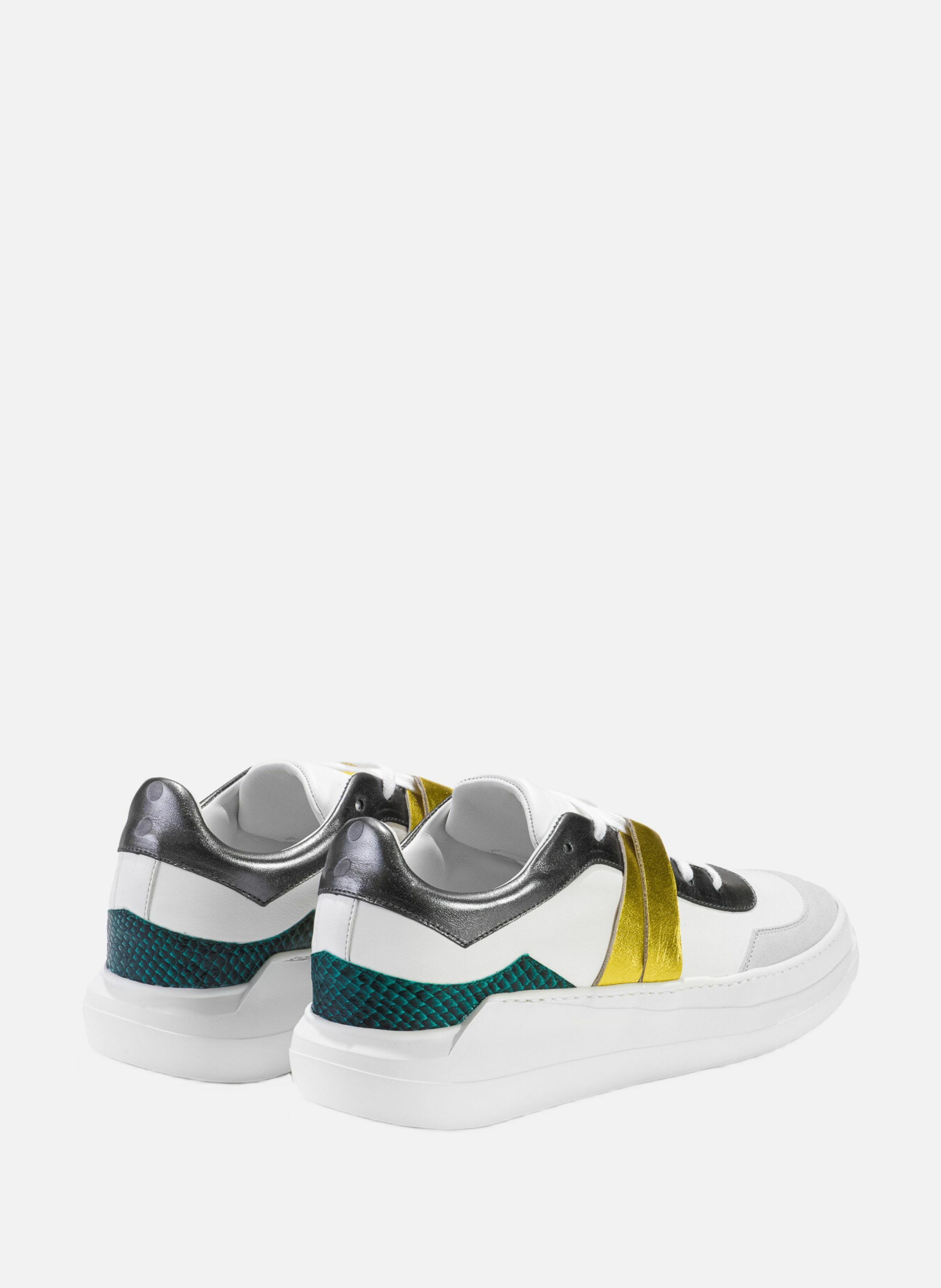 G225 : émeraude - sneakers en cuir lisse blanc avec empiècements gris, jaune et vert EVI Multicolore