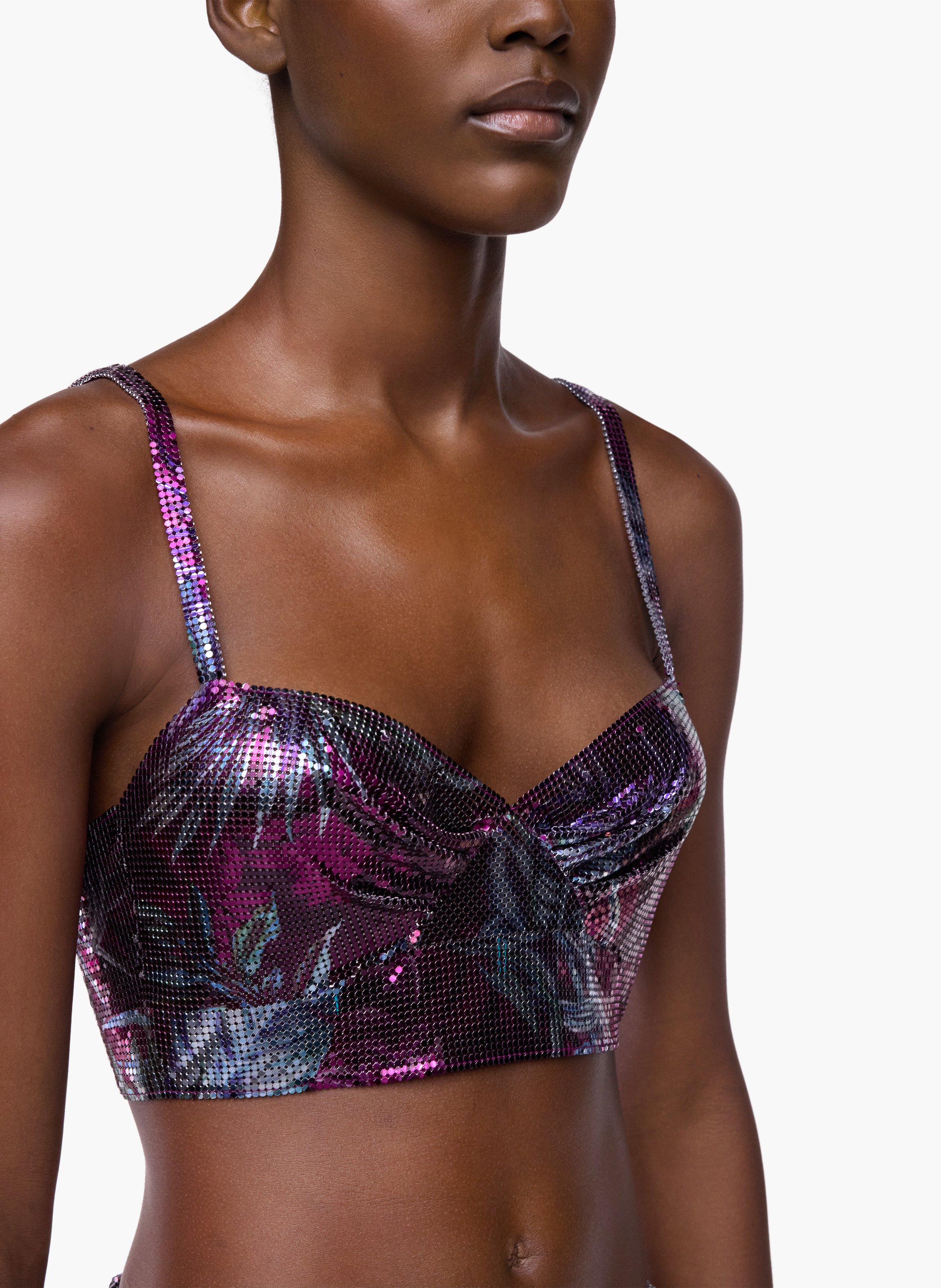Brassière sans manches en mesh imprimée palmier RABANNE Bleu