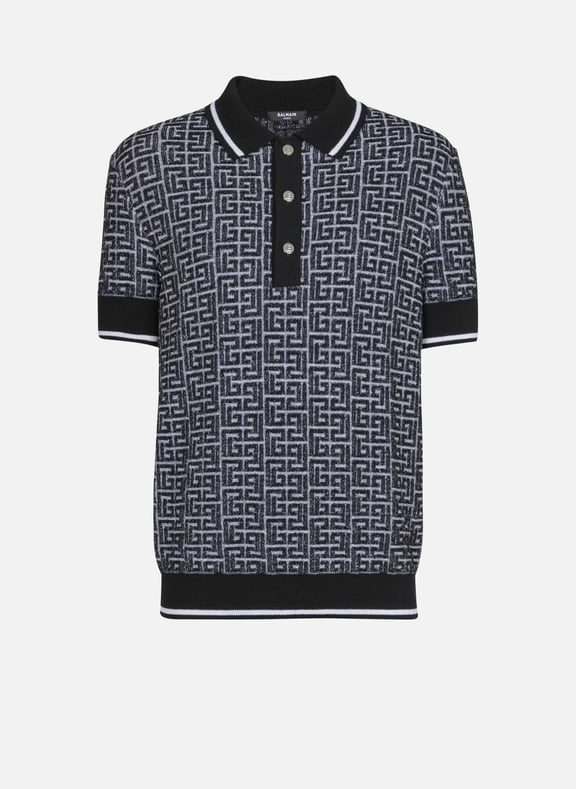 Polo en maille à monogramme pb labyrinthe Noir by BALMAIN BALMAIN Polo en maille à monogramme pb labyrinthe Noir