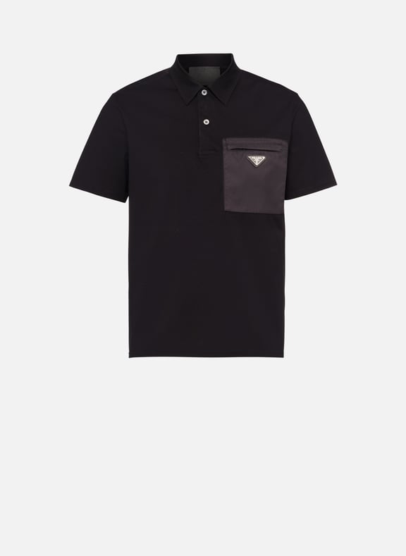 Polo en coton stretch avec détails en re-nylon Noir by PRADA PRADA Polo en coton stretch avec détails en re-nylon Noir
