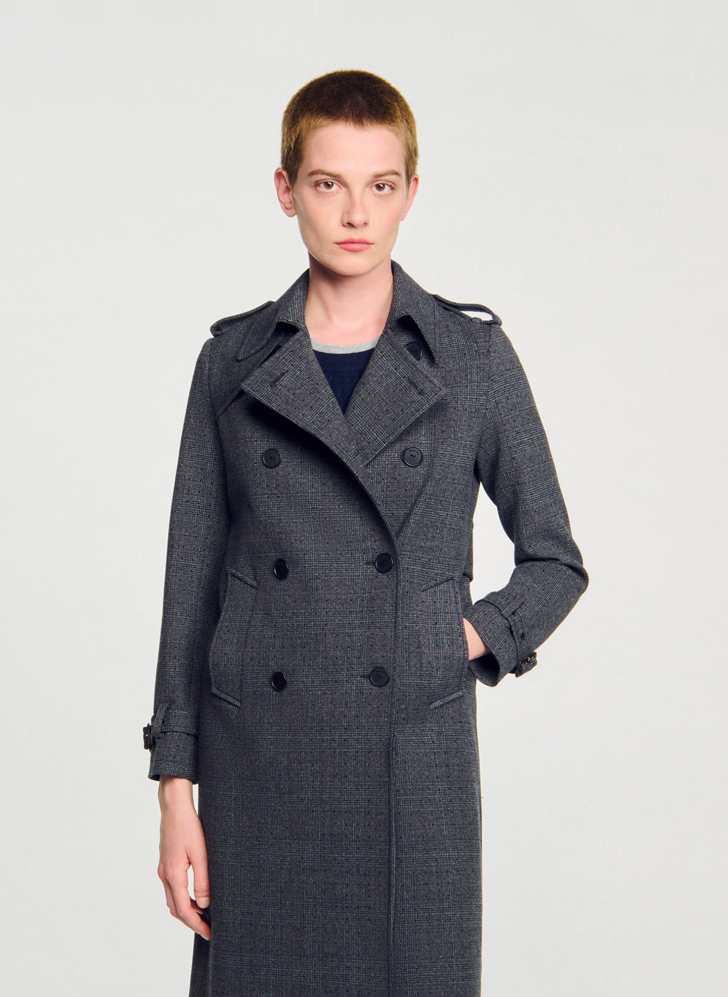 Manteau droit col tailleur SANDRO Gris
