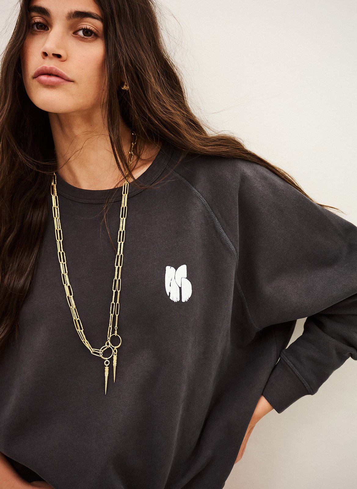 Ruime ronde hals katoenen sweater met zwierige pasvorm | Grijs BA&SH Dames