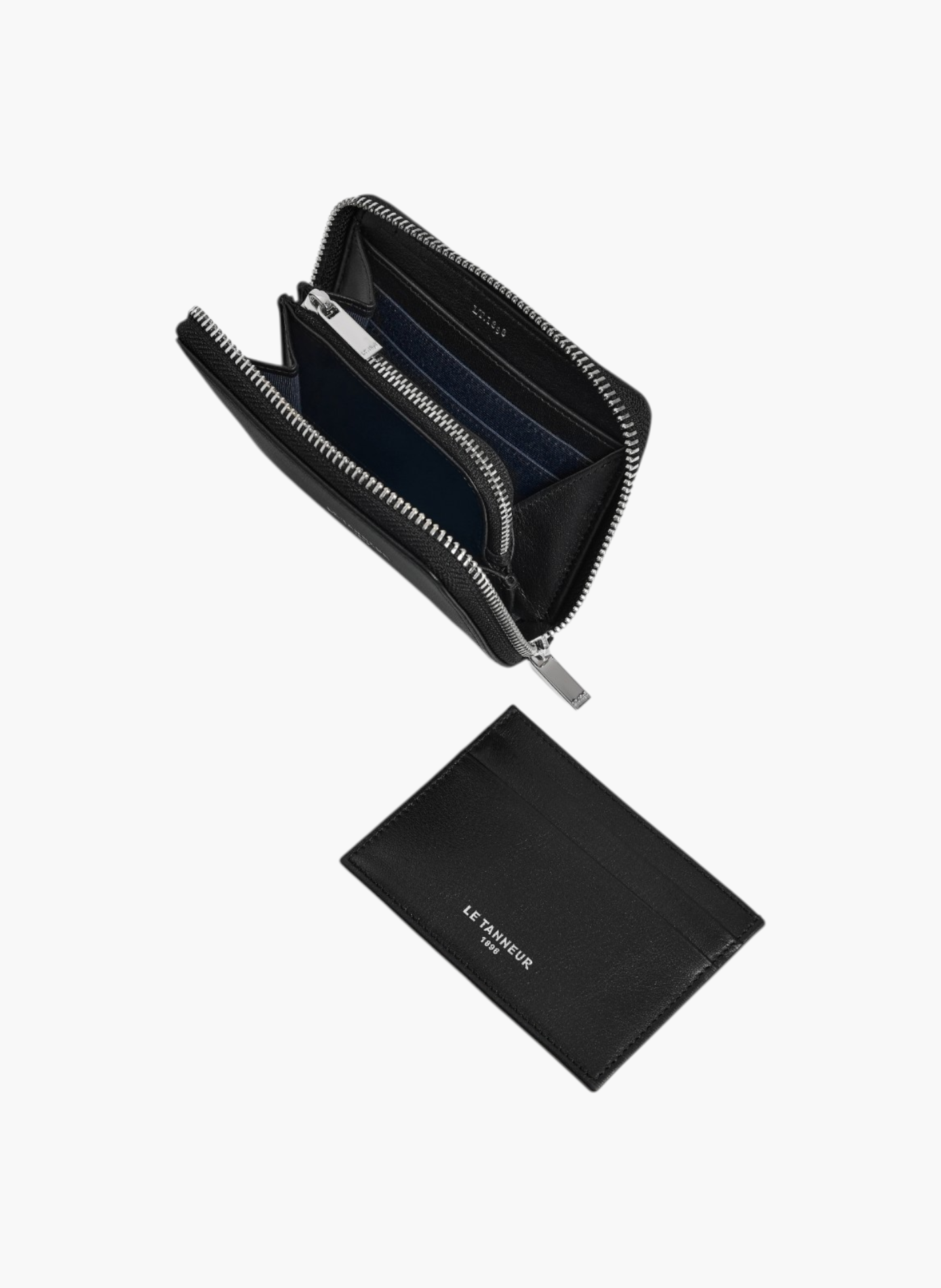 Porte monnaie zippé avec porte cartes amovible albertine en cuir lisse LE TANNEUR Noir