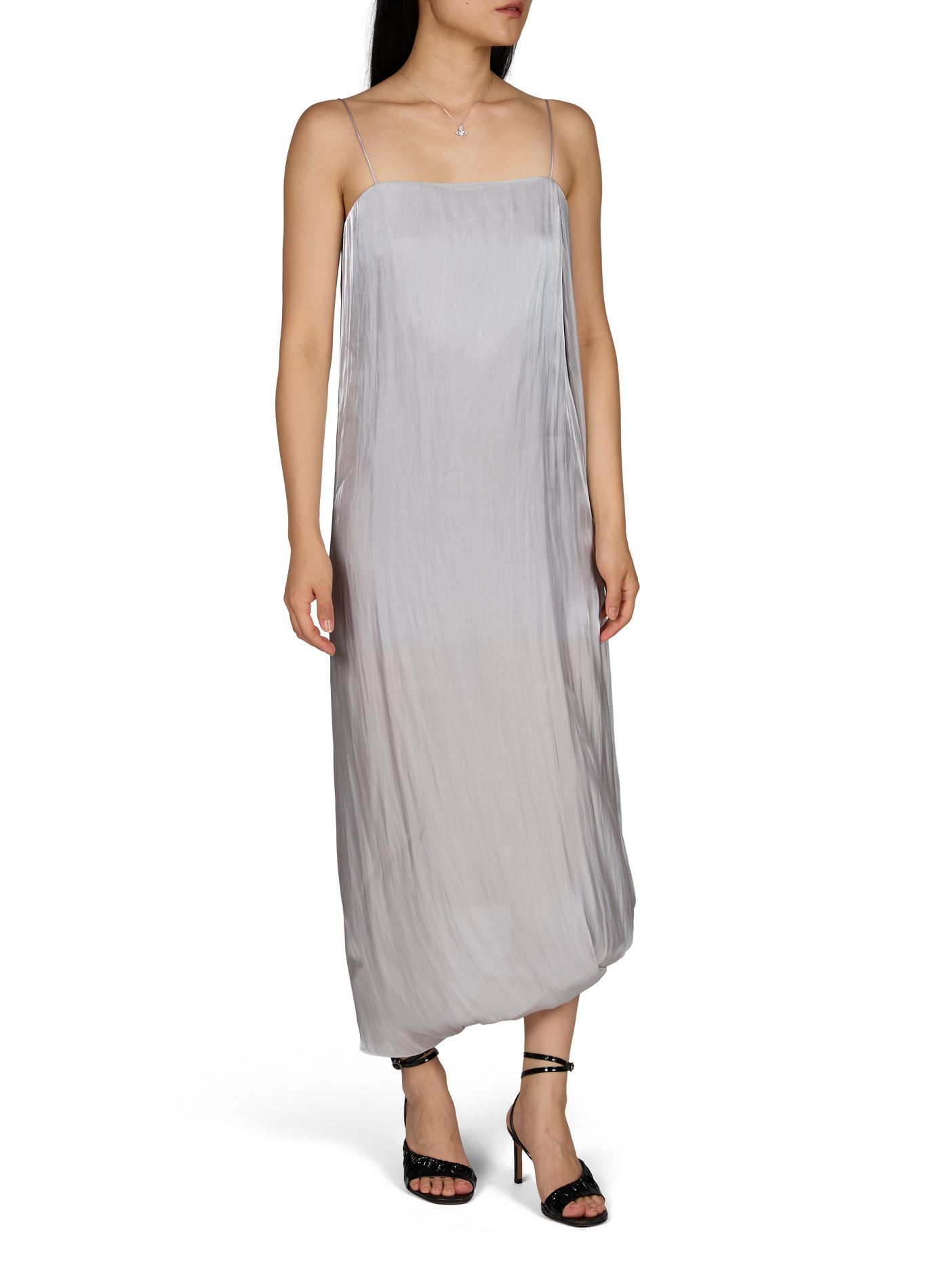 Vestido de tirantes brillante con dobladillo asimétrico en forma de globo. HELMUT LANG Gris