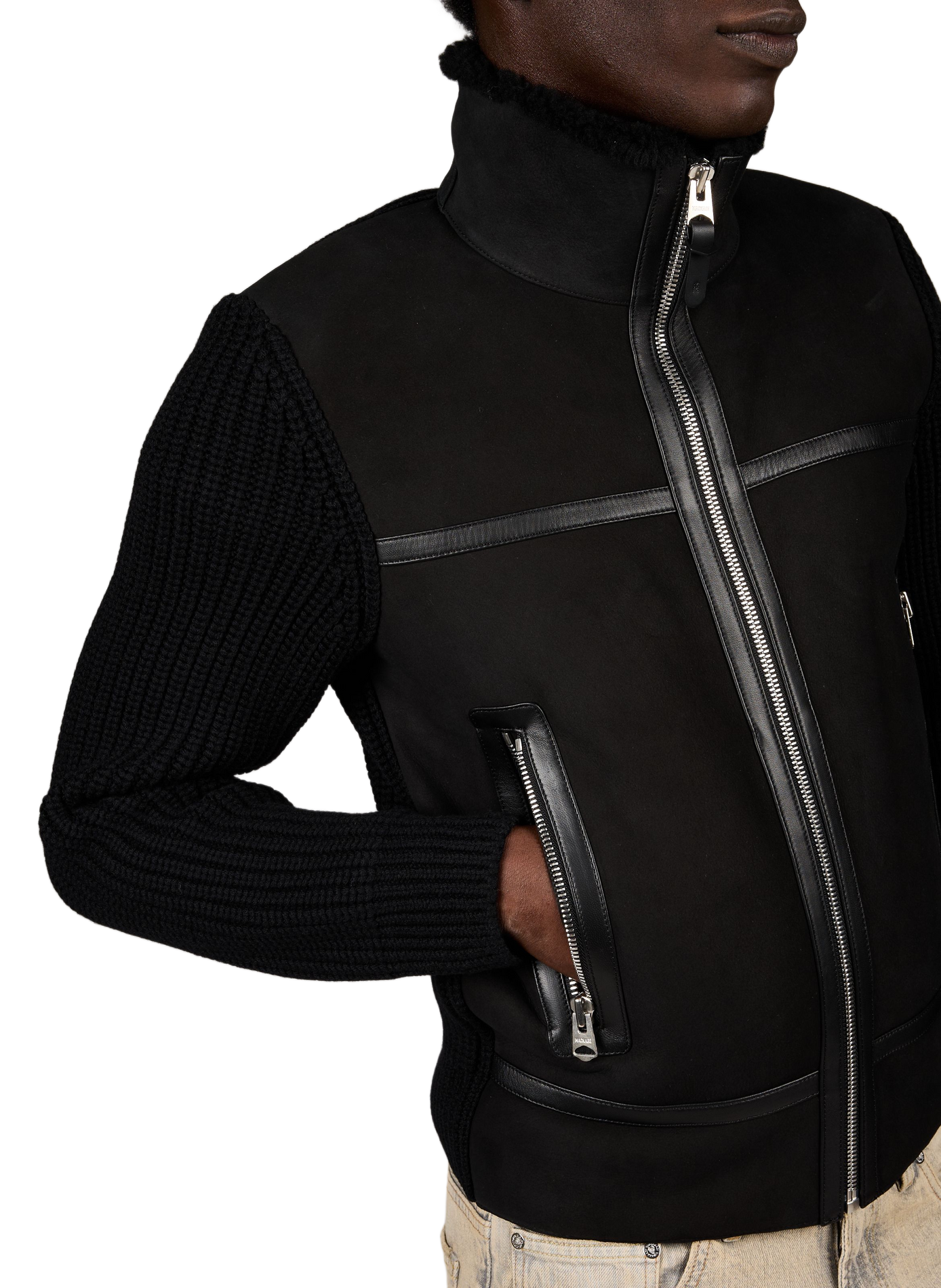 Veste col montant en cuir et laine mérinos MACKAGE Noir