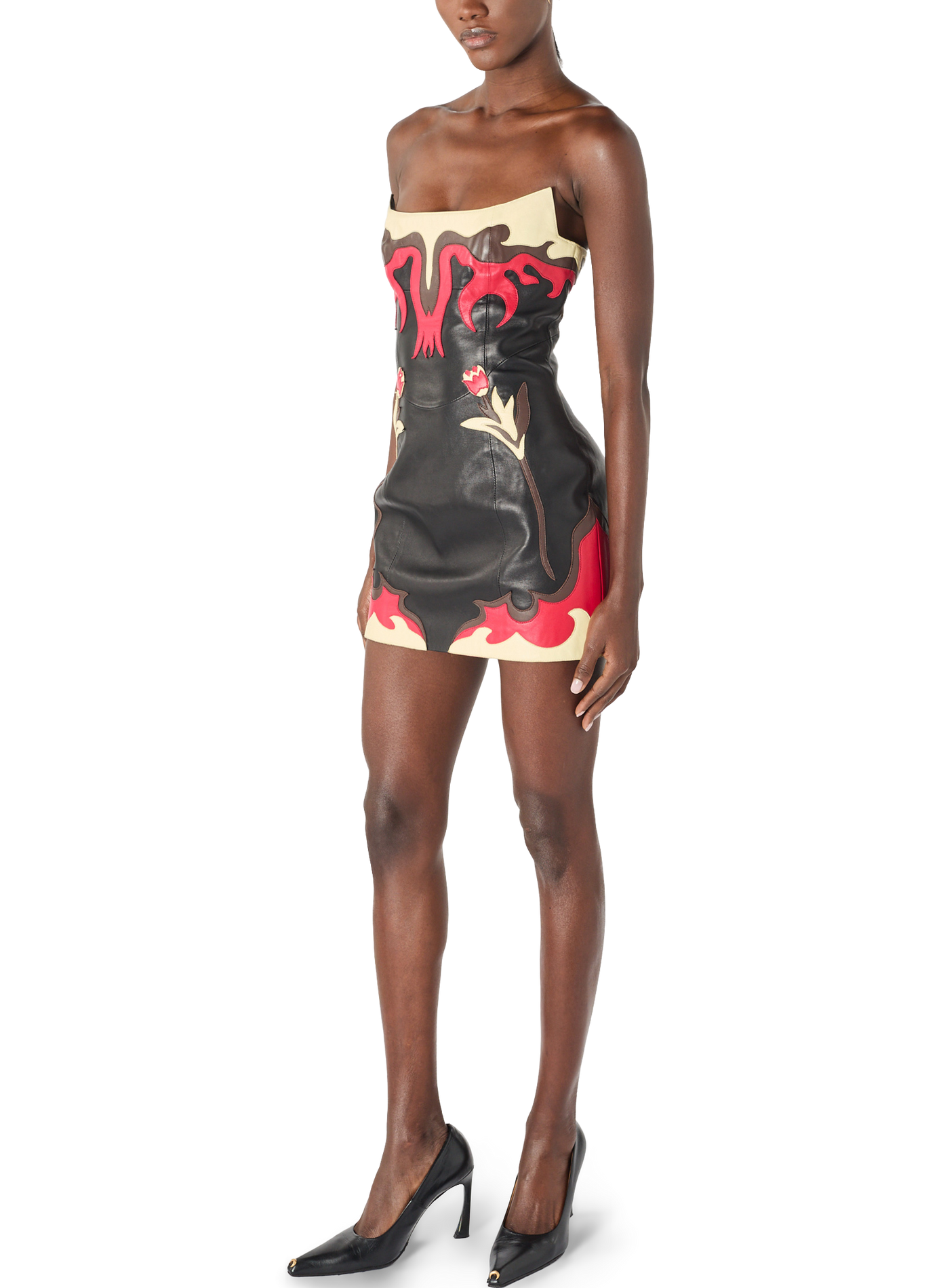 Mini-robe bustier en cuir avec patchs floraux MARINE SERRE Zwart