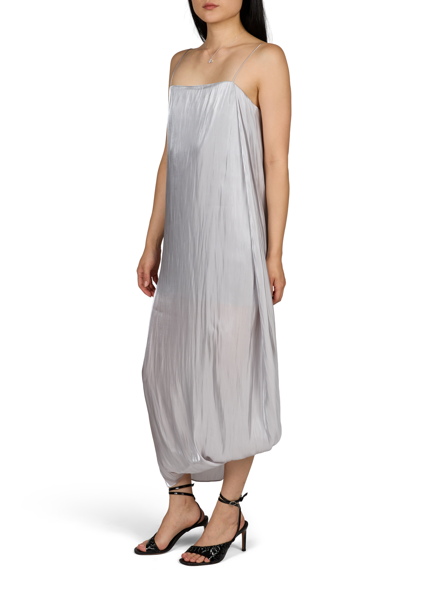 Vestido de tirantes brillante con dobladillo asimétrico en forma de globo. HELMUT LANG Gris