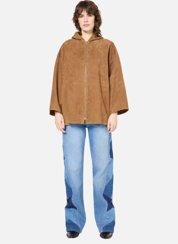 Veste à capuche en cuir velours - roseline Beige by GERARD DAREL GERARD DAREL Veste à capuche en cuir velours - roseline Beige