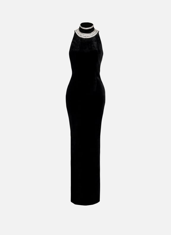 Robe dos-nu en velours brodé Noir by BALMAIN BALMAIN Robe dos-nu en velours brodé Noir