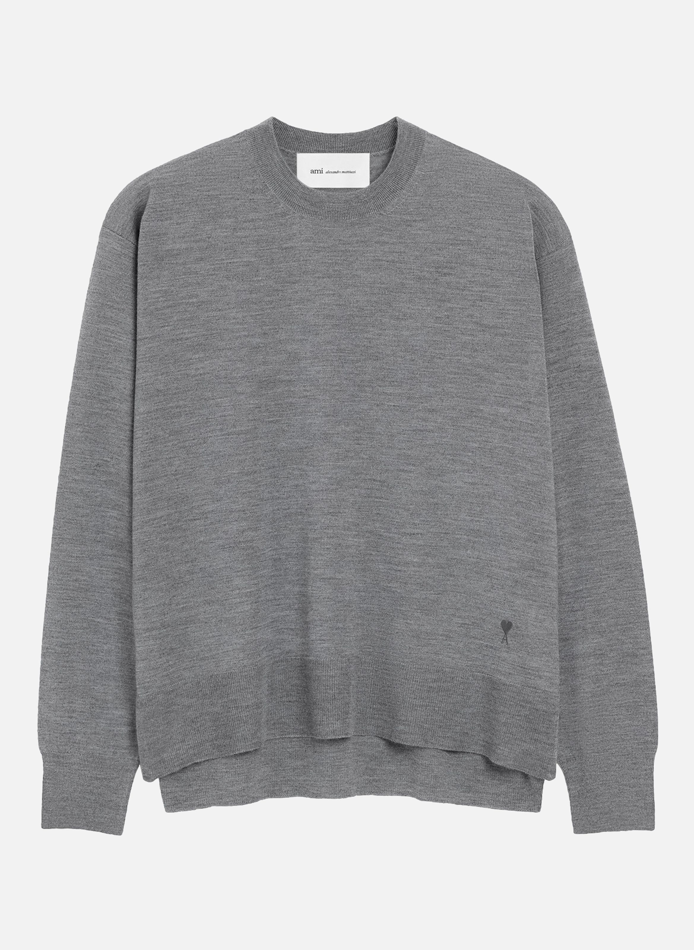 Pull col rond ami de coeur unisexe en laine fine AMI PARIS Gris