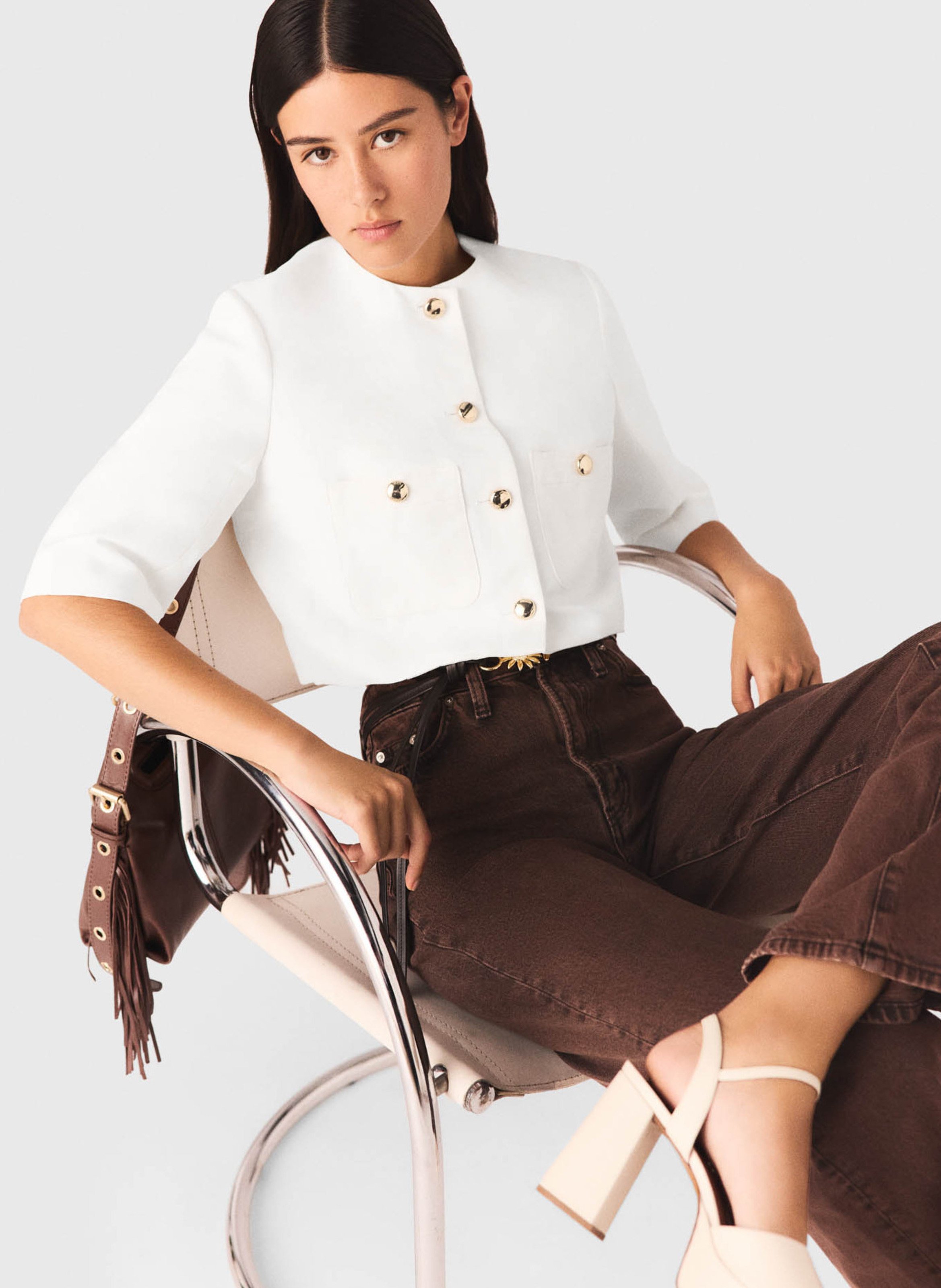 Veste tailleur court boutonnée en lin mélangé MAJE Blanc