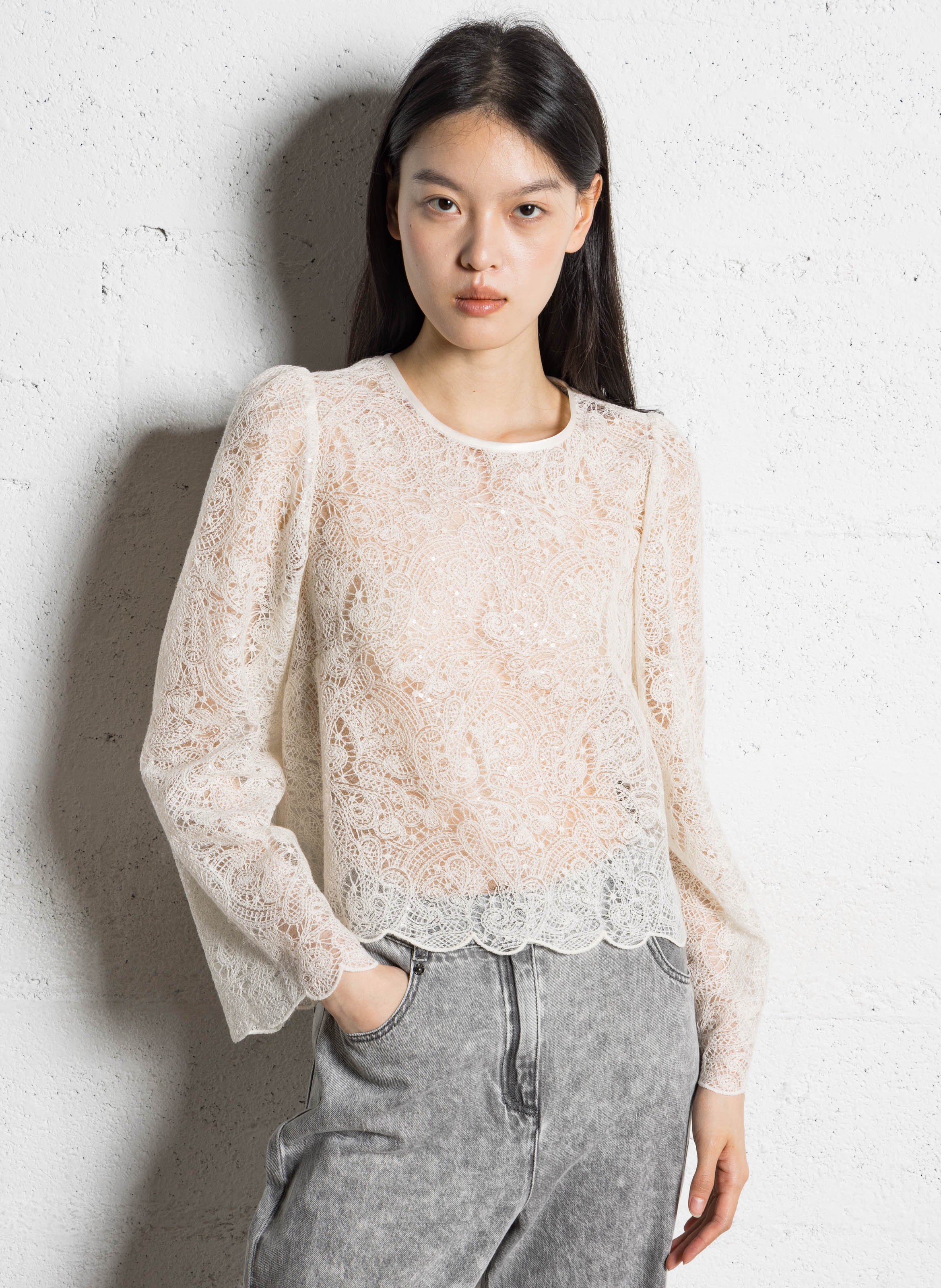 Top droit col rond en dentelle IKKS Blanc