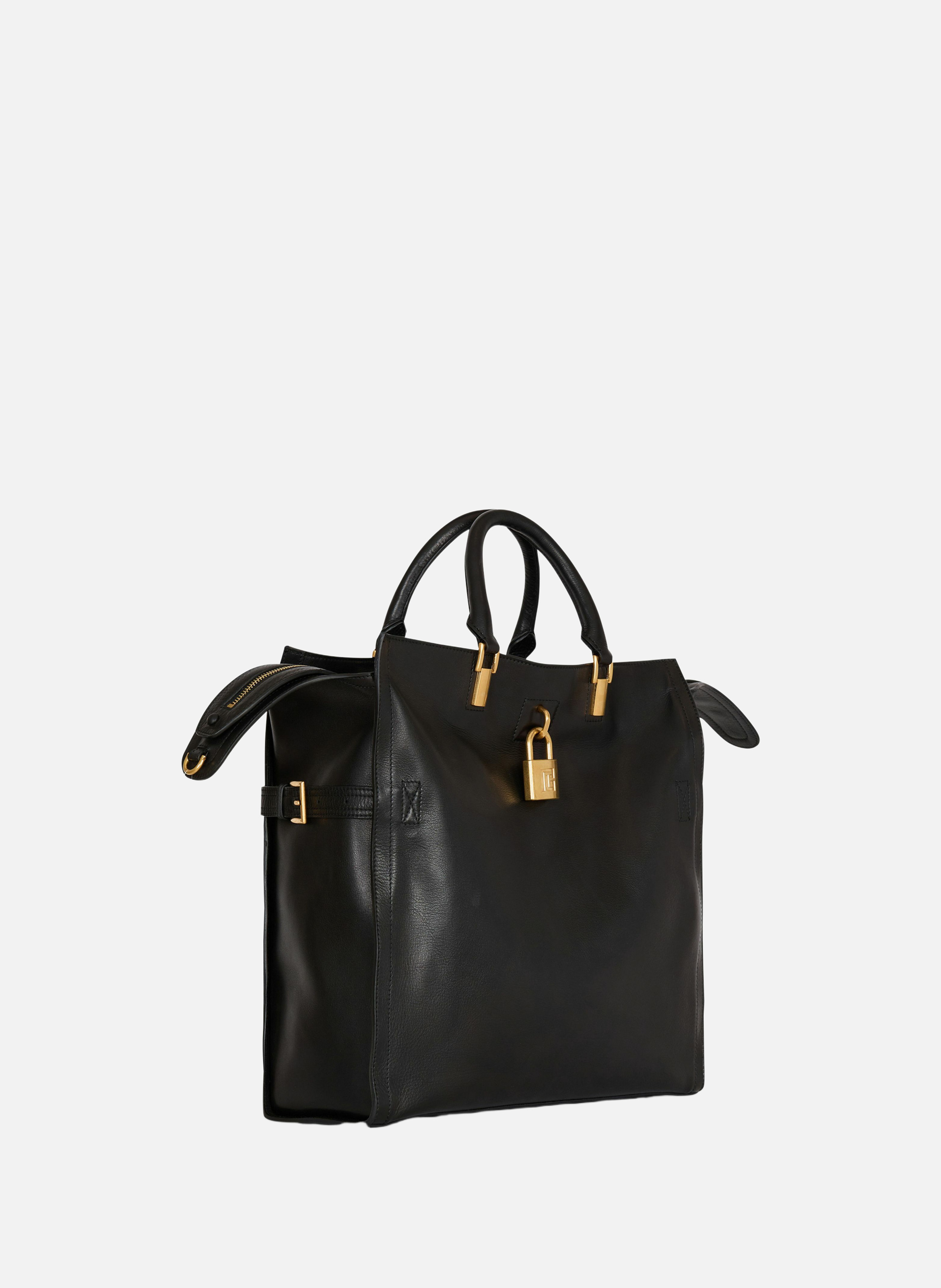 Sac cabas pulse large en cuir de veau ciré BALMAIN Noir
