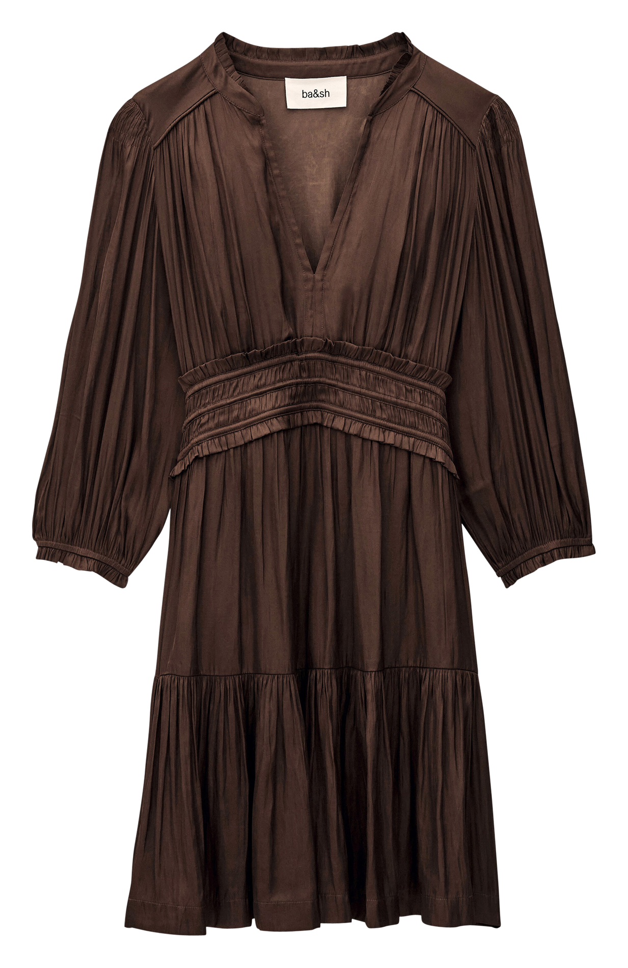 Robe courte froncée col tunisien en satin cyrilia BA&SH Marron