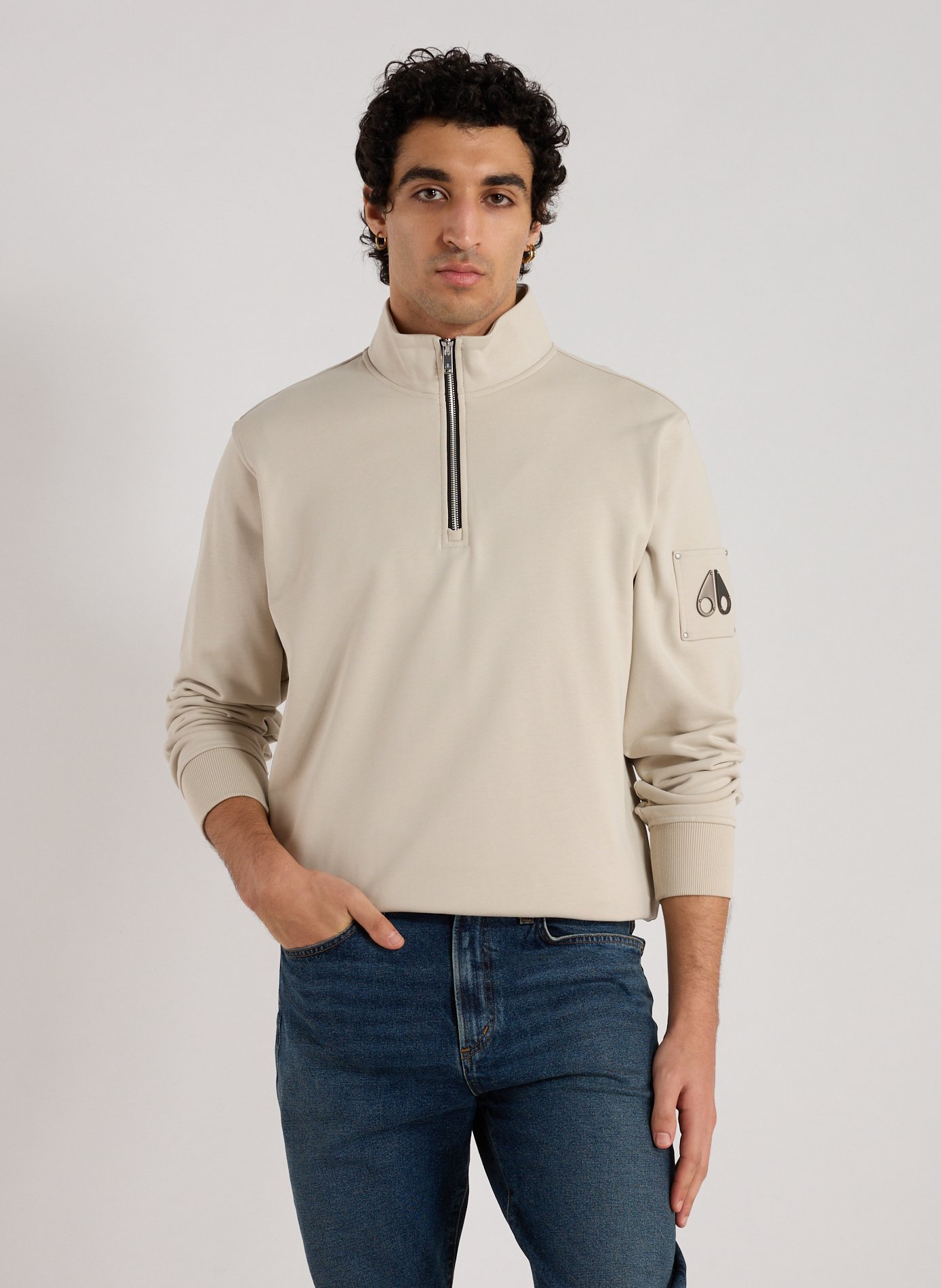 MOOSE KNUCKLES Sweatshirt à col zippé en coton Beige