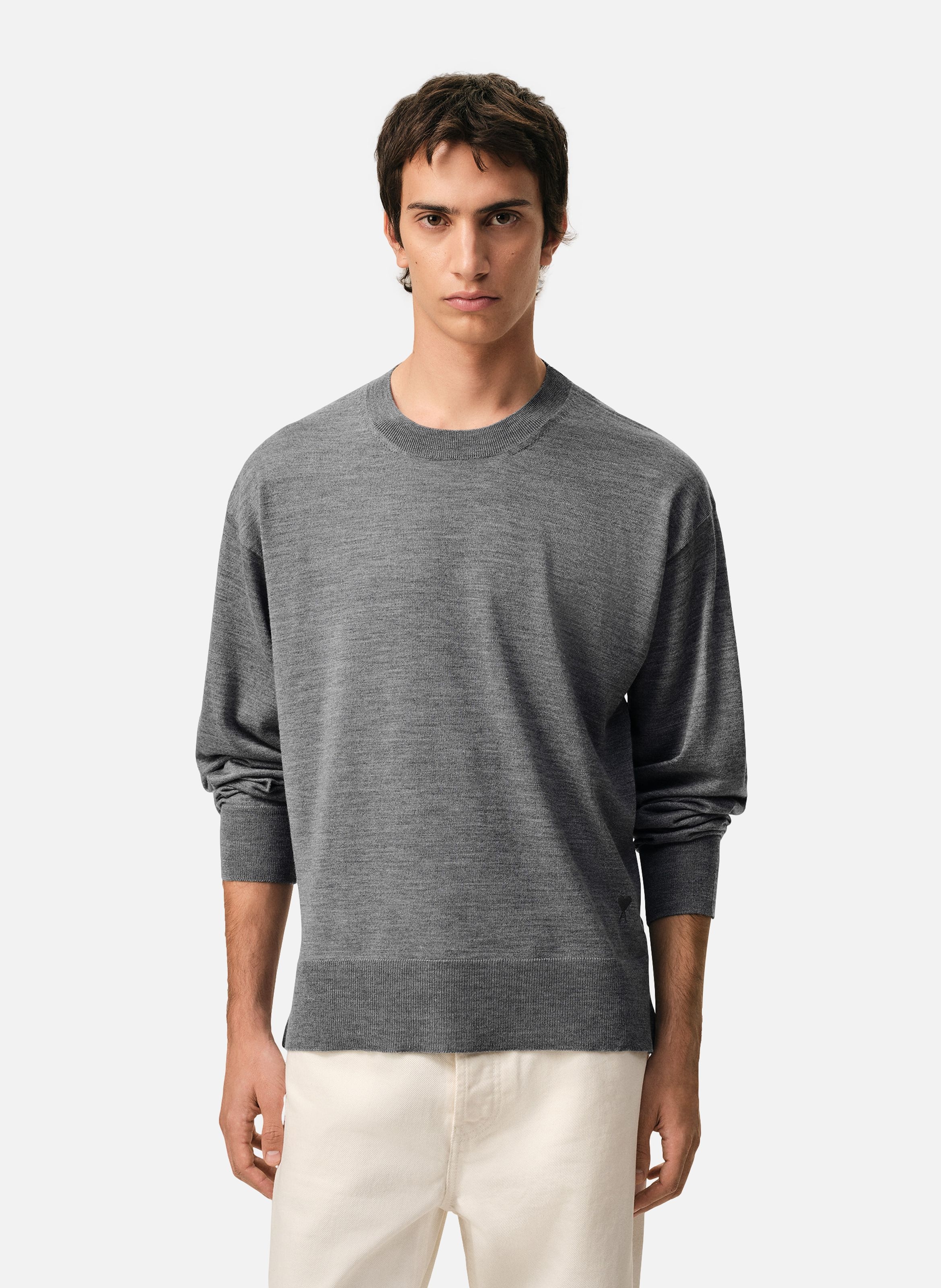Pull col rond ami de coeur unisexe en laine fine AMI PARIS Gris
