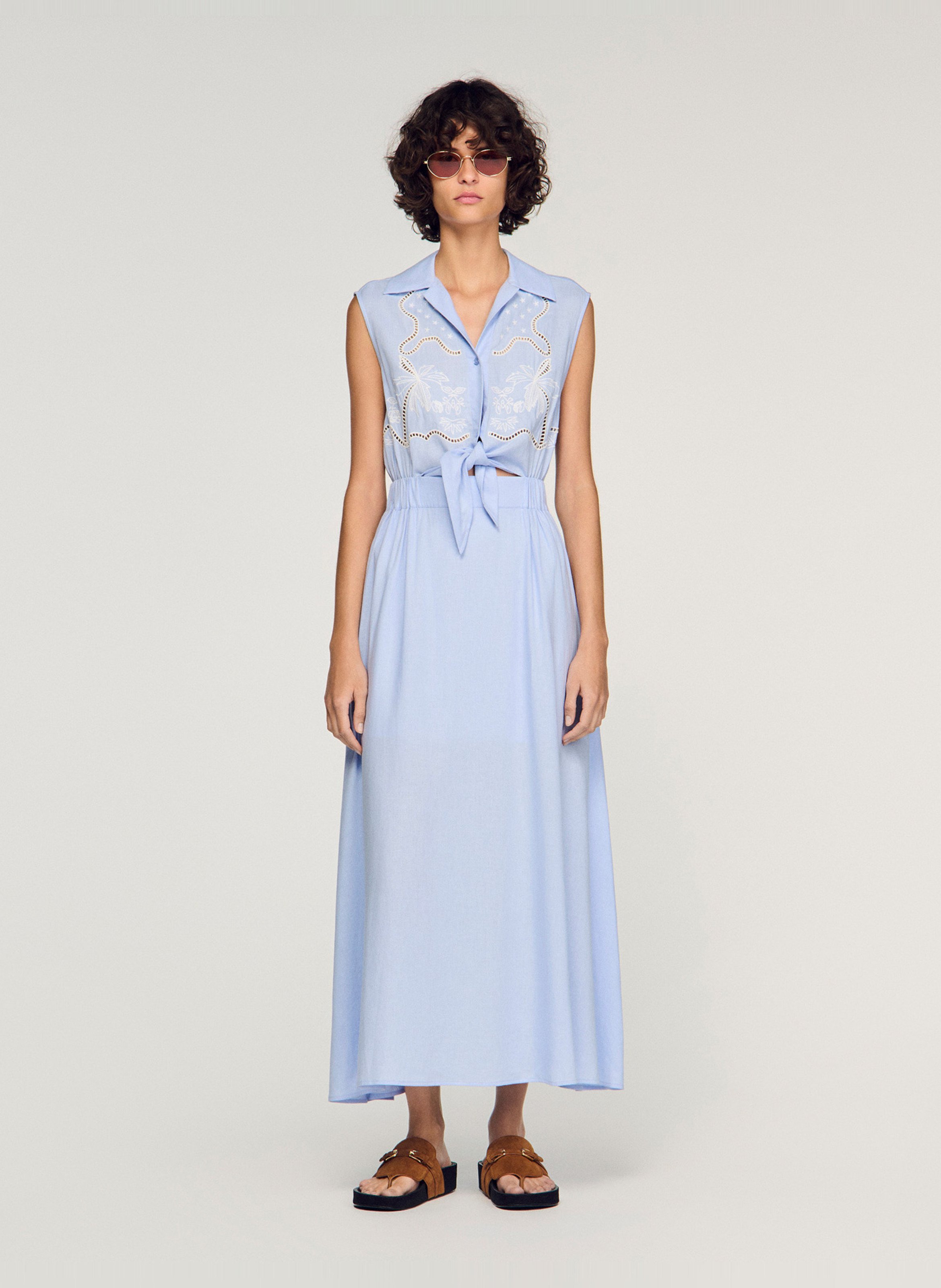 Robe longue col classique en lin mélangé SANDRO Bleu