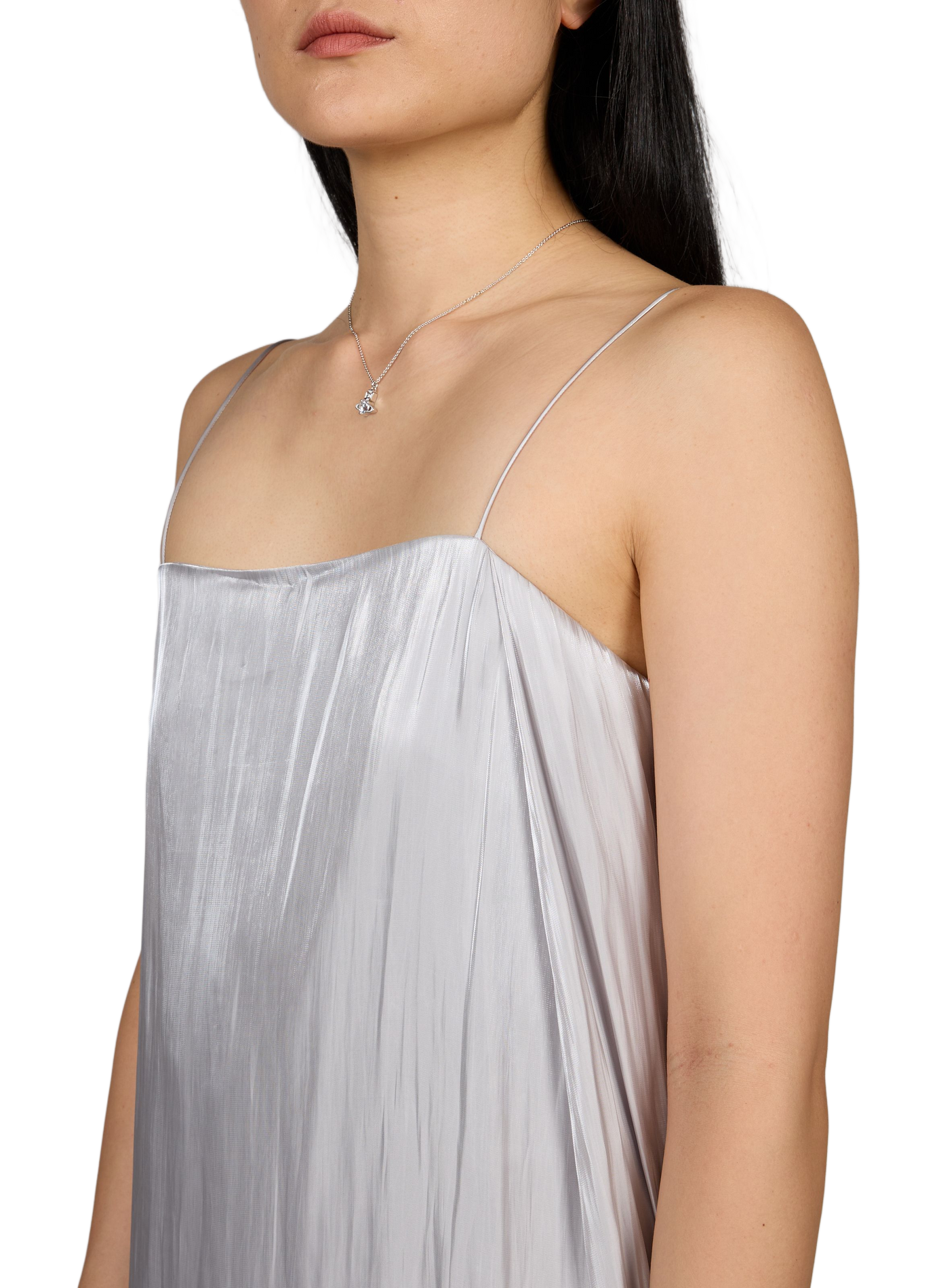 Vestido de tirantes brillante con dobladillo asimétrico en forma de globo. HELMUT LANG Gris