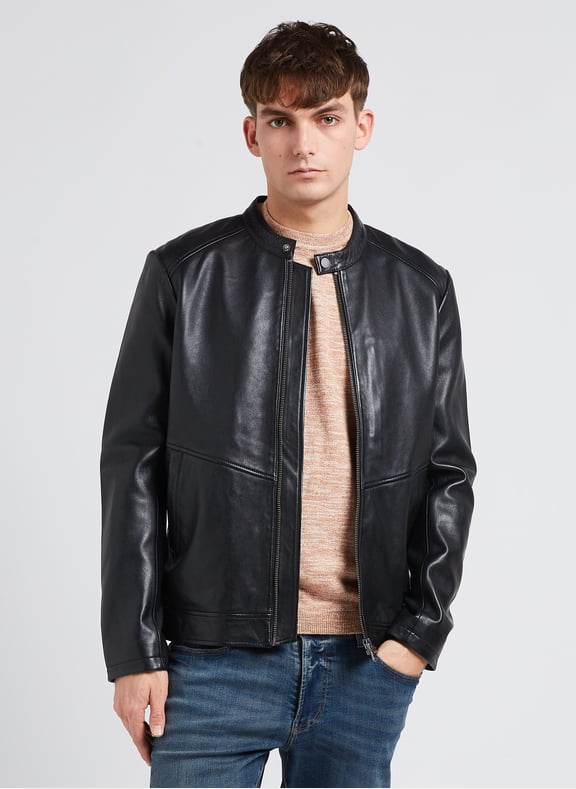 Blouson col officier en cuir Noir by IKKS IKKS Blouson col officier en cuir Noir