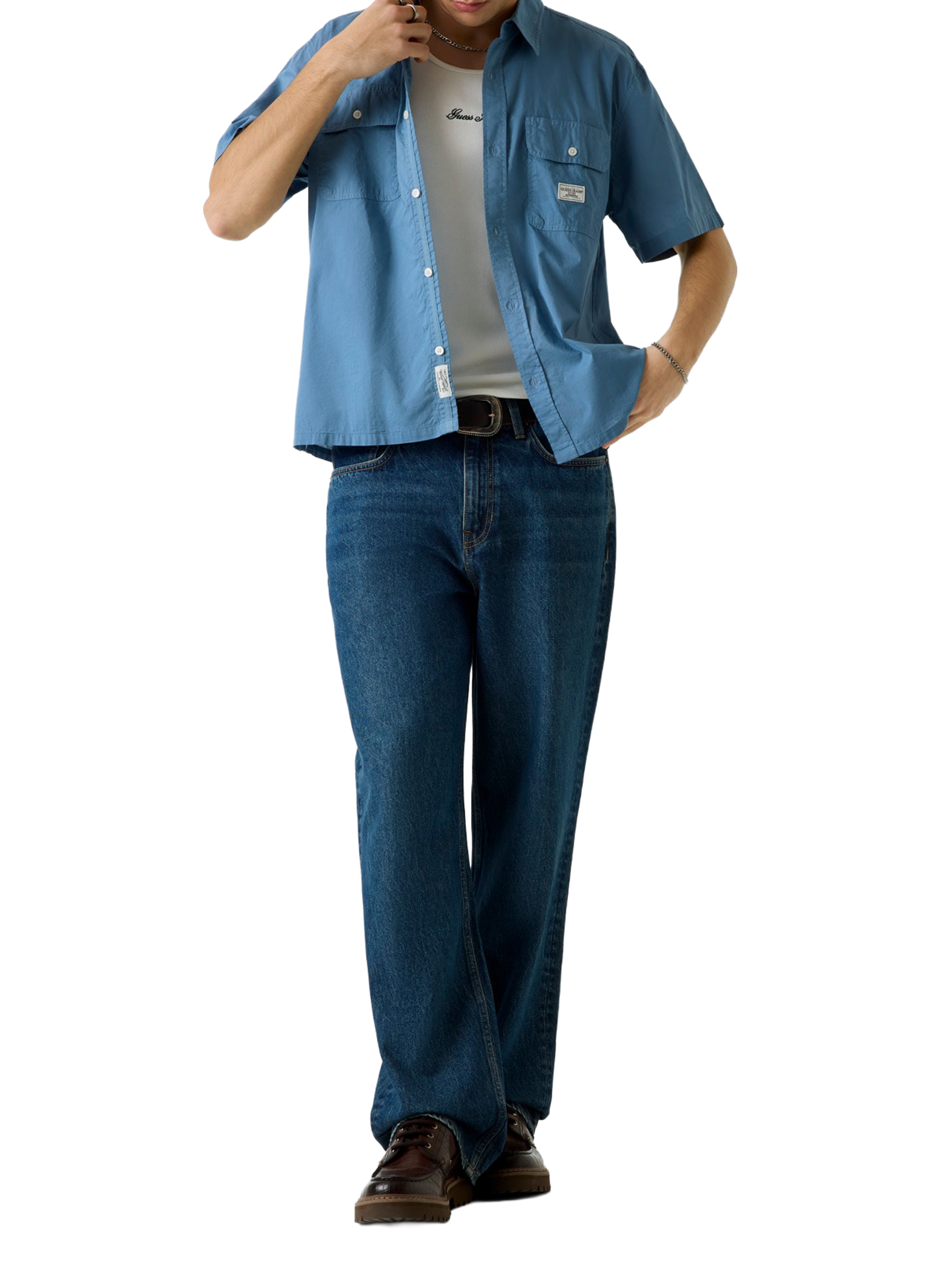 Short-sleeved straight cotton shirt GUESS Blue