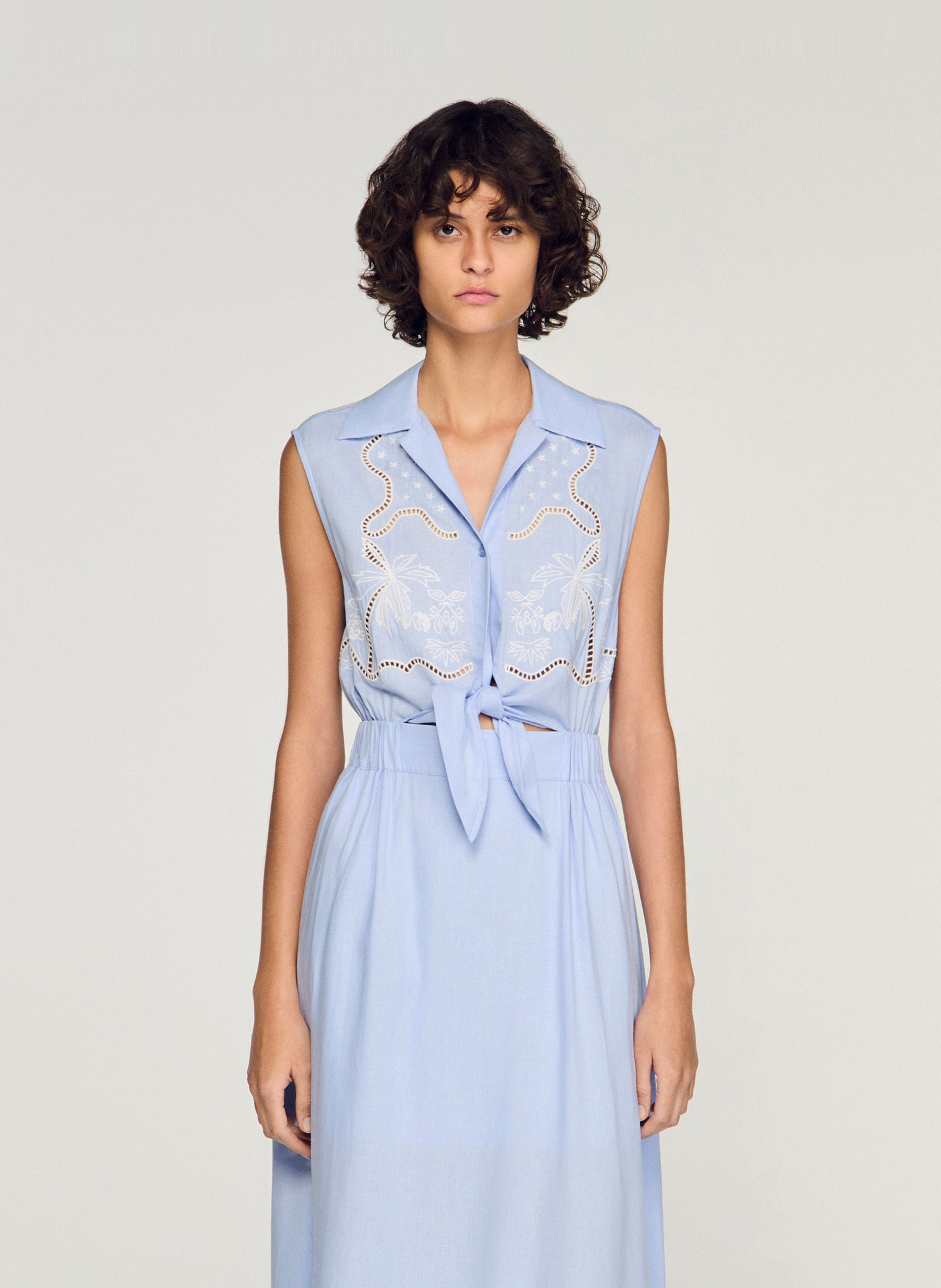 Robe longue col classique en lin mélangé SANDRO Bleu