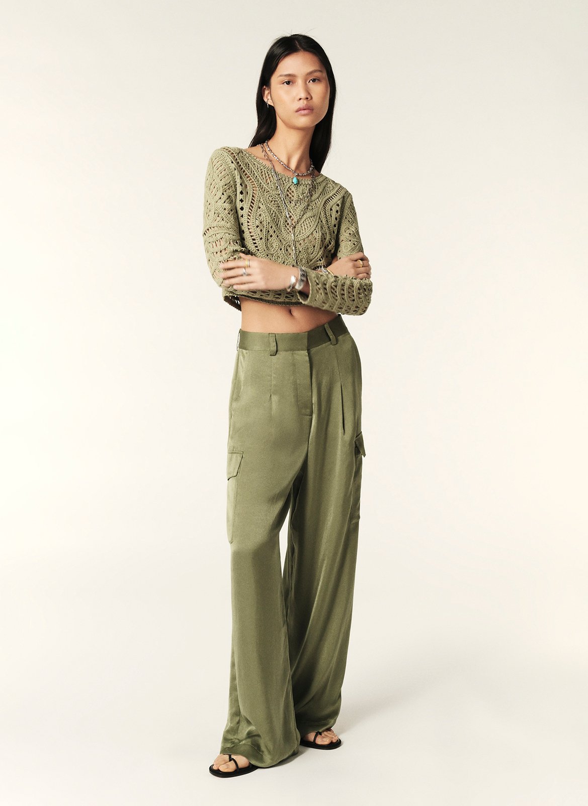 Pantalon large effet satiné cary BA&SH Kaki
