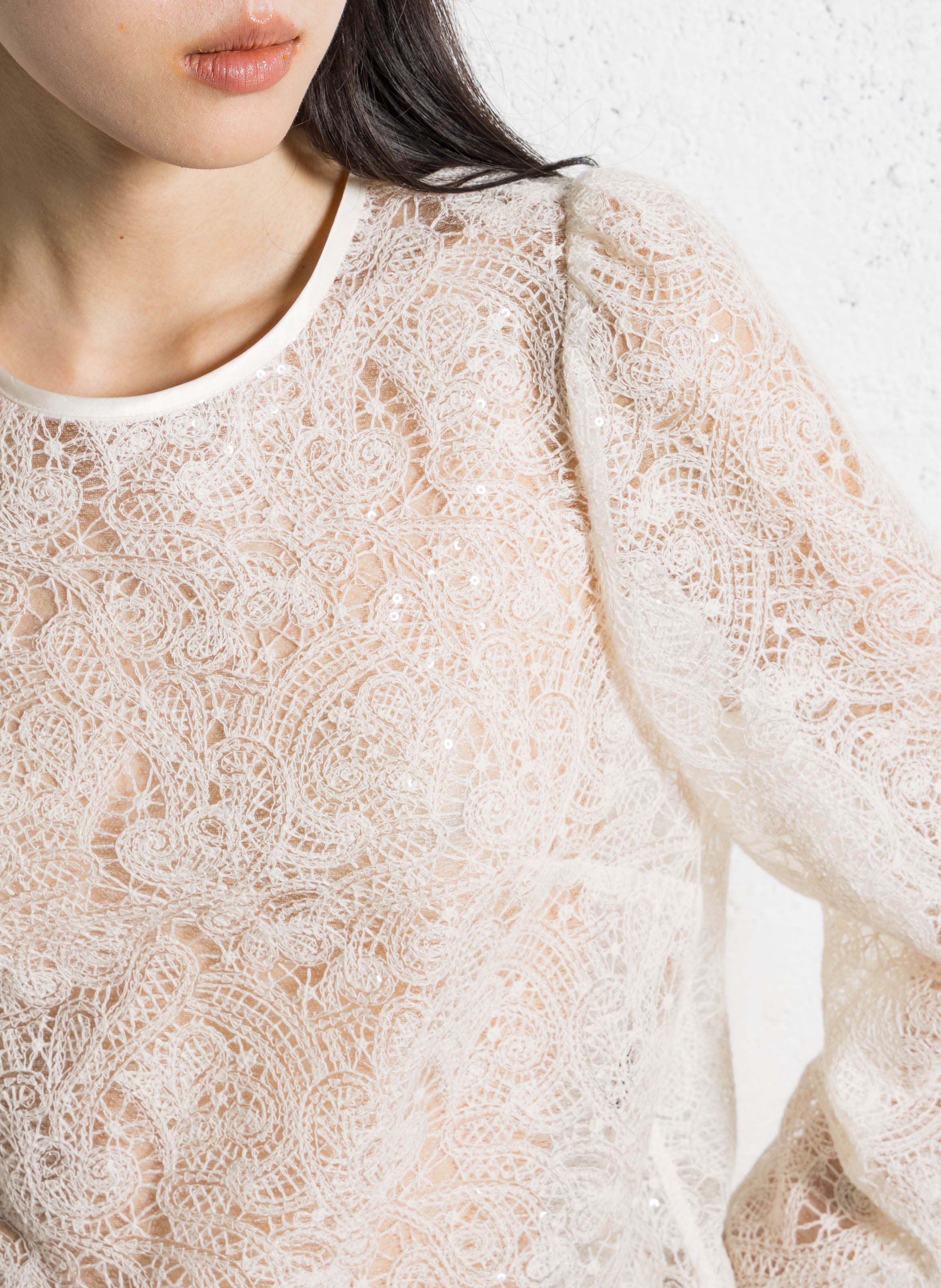 Top droit col rond en dentelle IKKS Blanc