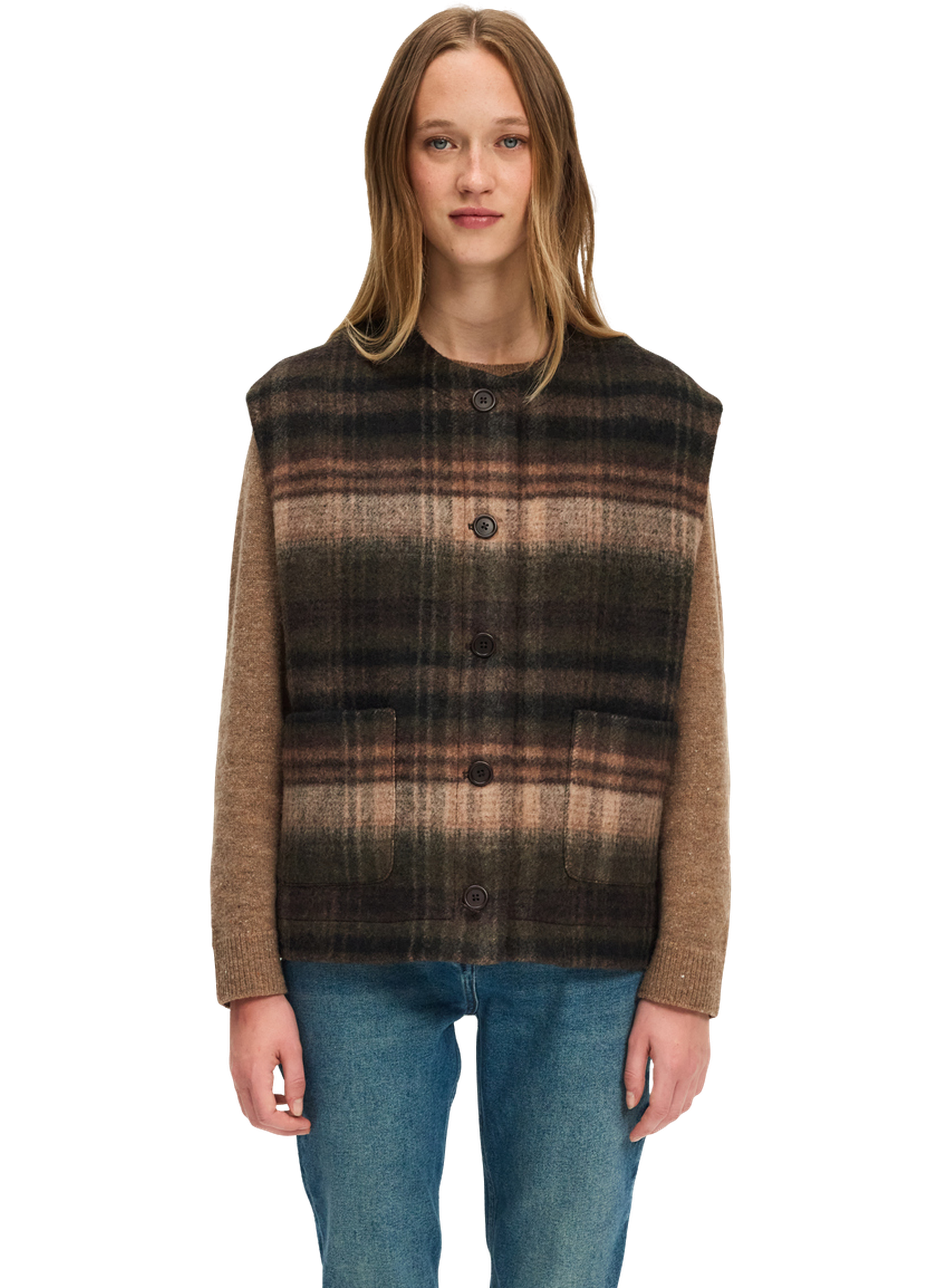 Veste sans manche à carreaux - noura PABLO Marron
