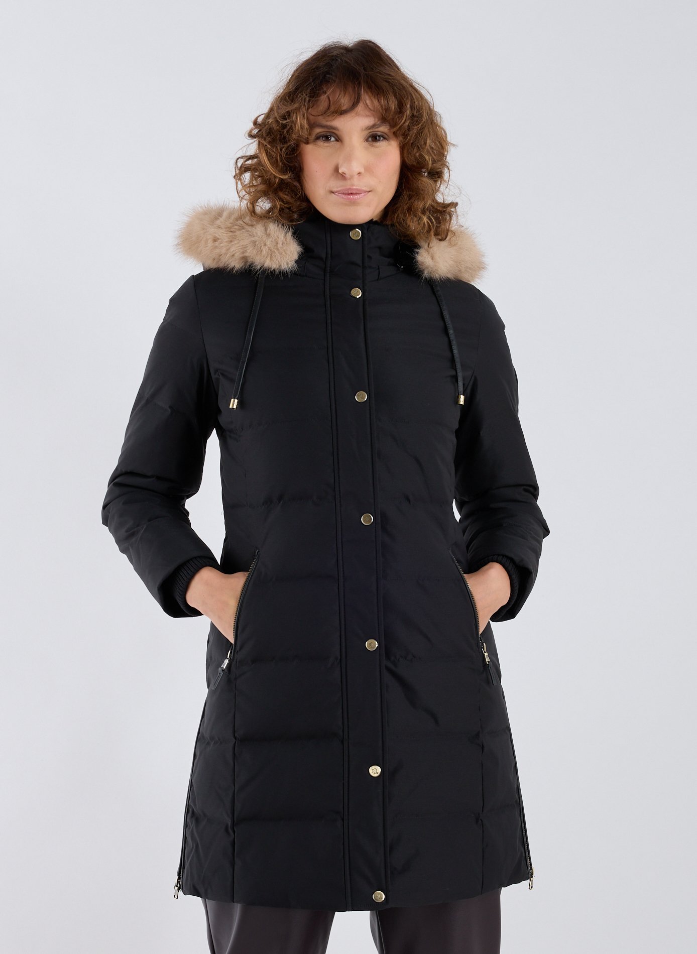 LAUREN Straight coat with hood Black