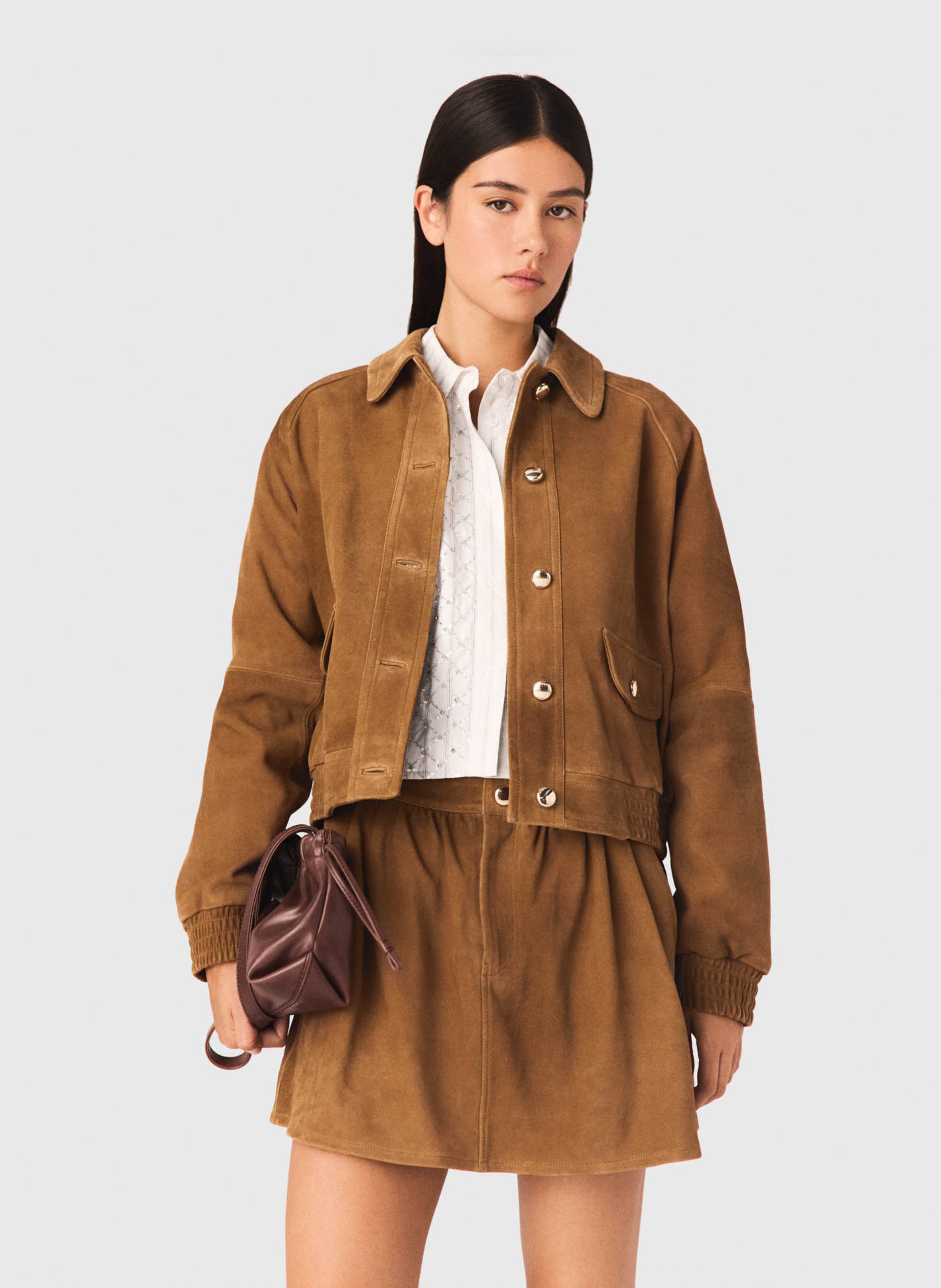 Veste droite en cuir MAJE Beige