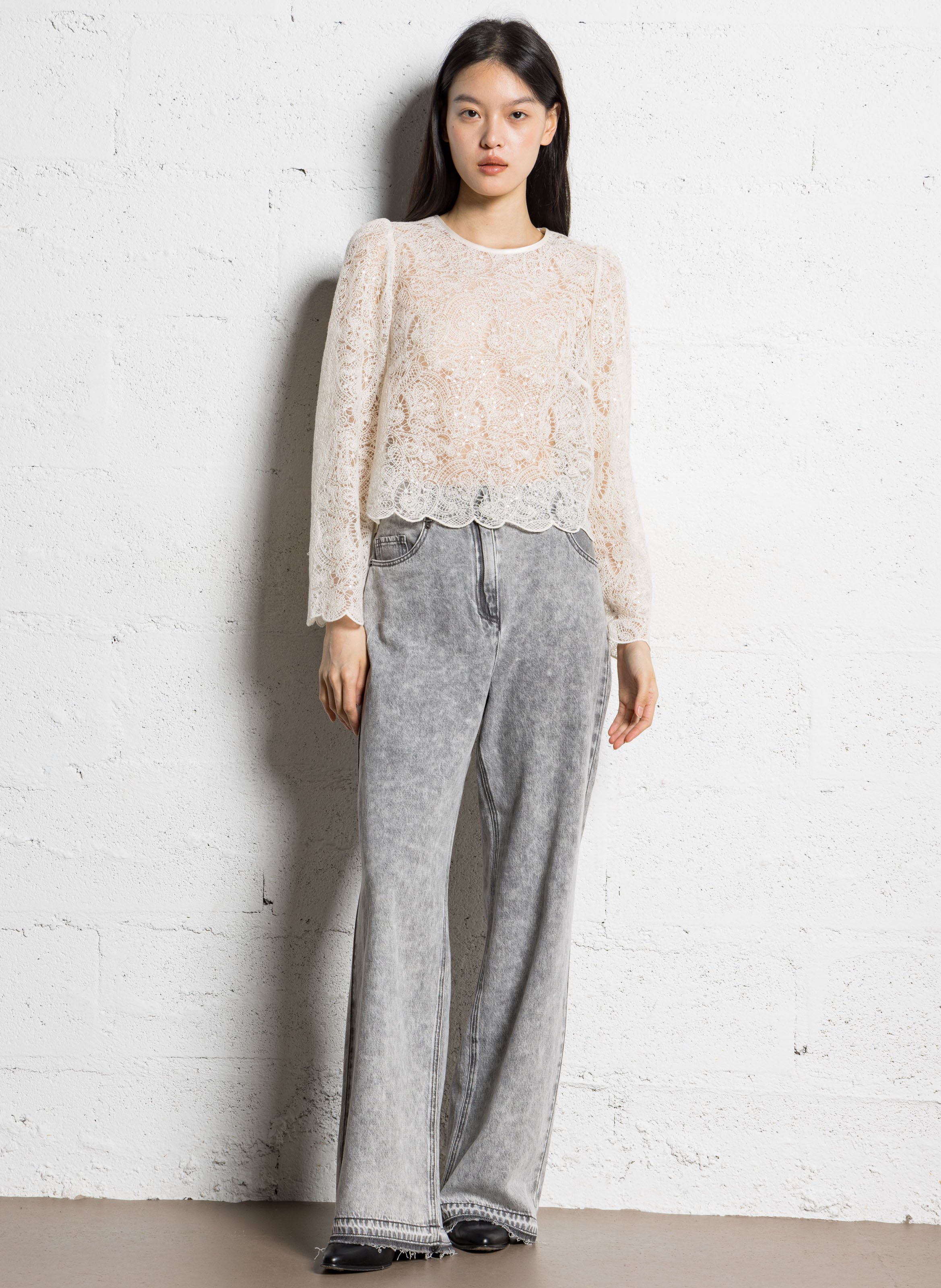 Top droit col rond en dentelle IKKS Blanc