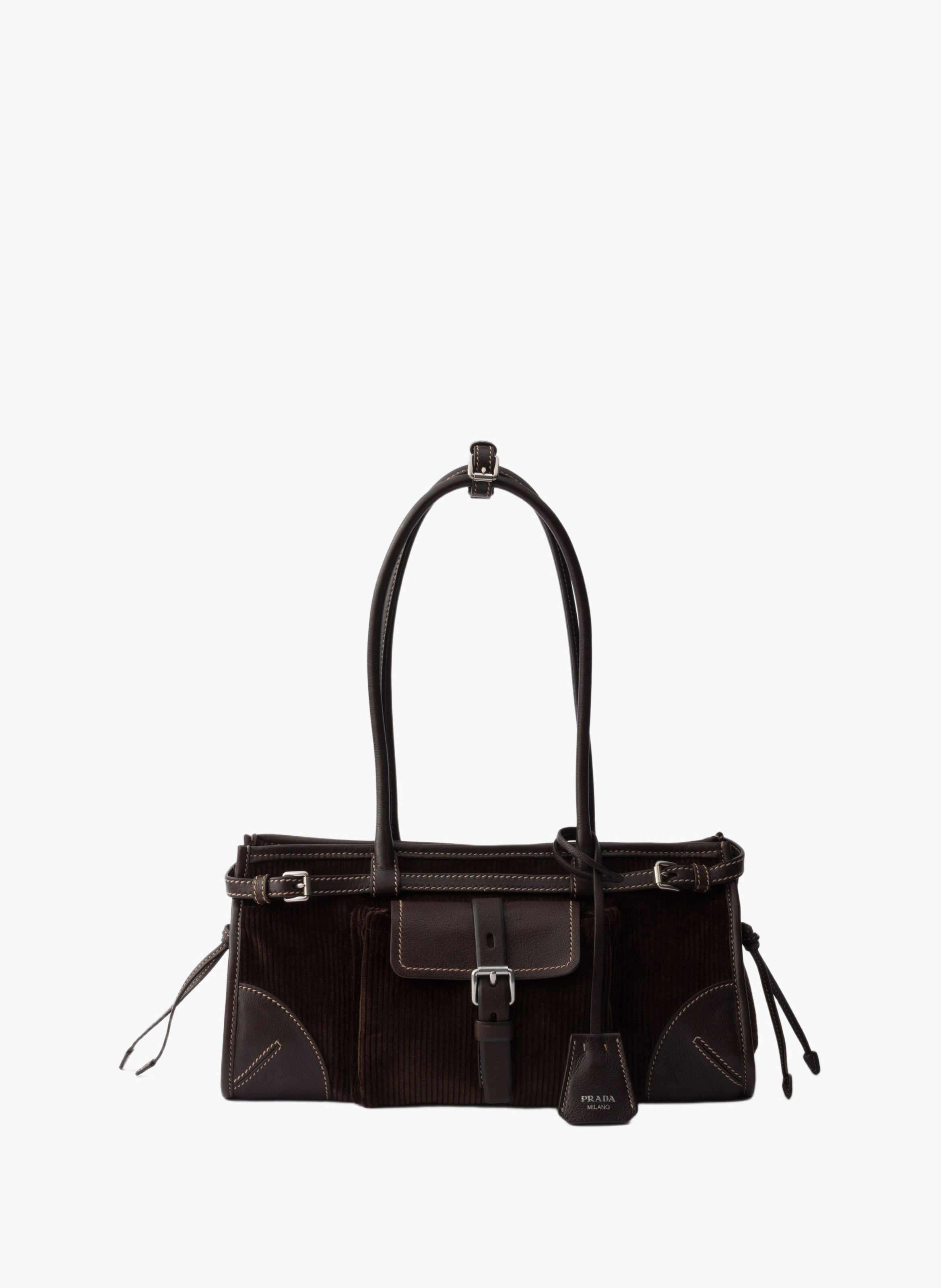 Sac à main prada bonnie en velours côtelé et cuir PRADA Marron