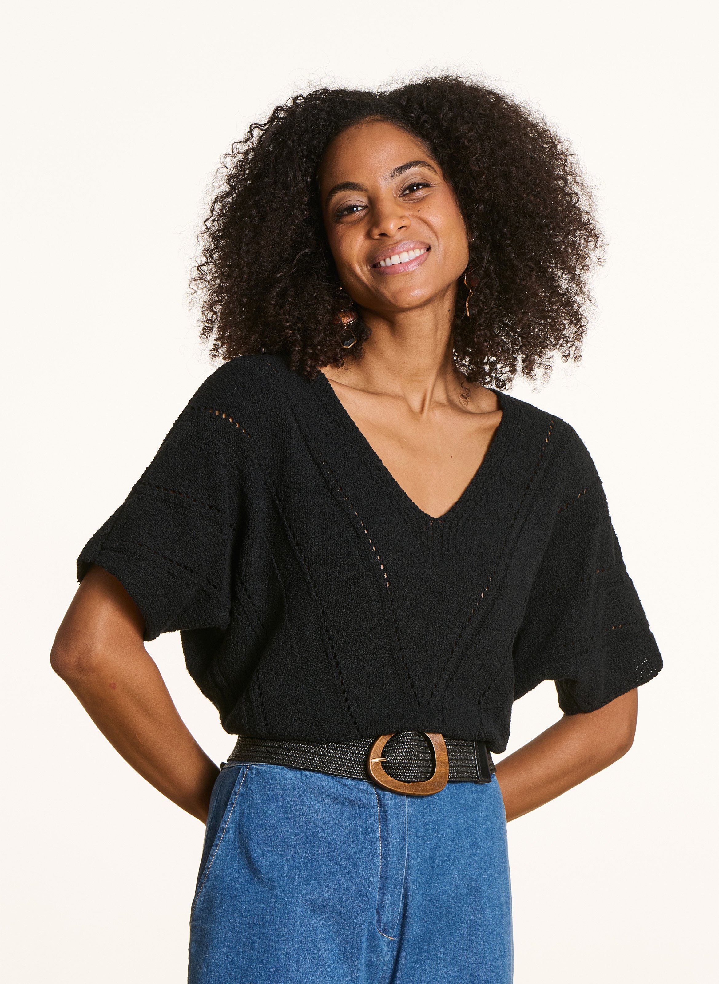 Oversized trui met V-hals van een katoenmix met gerecycled katoen LA FEE MARABOUTEE Zwart