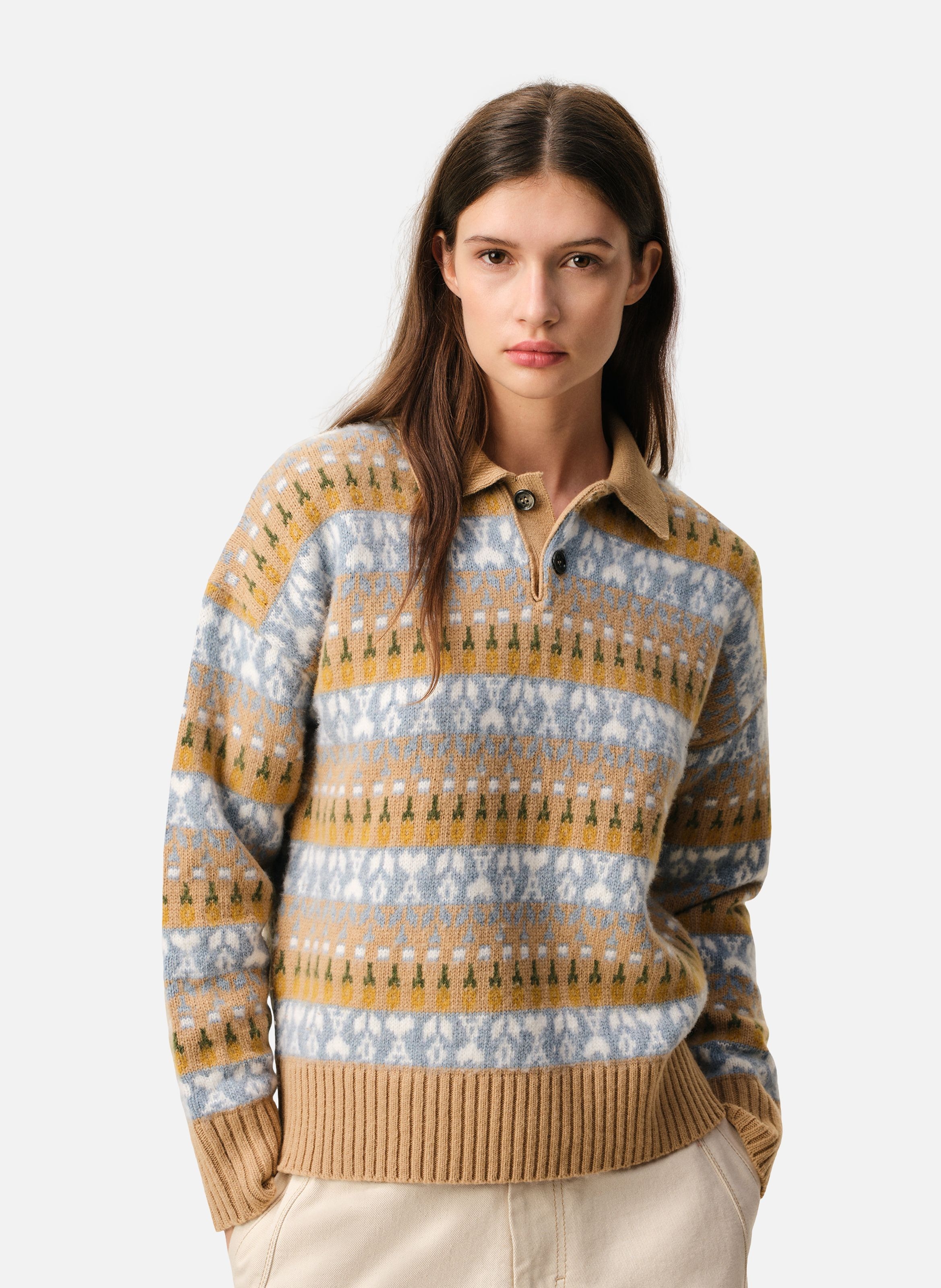 Polo jacquard en laine unisexe AMI PARIS Marron