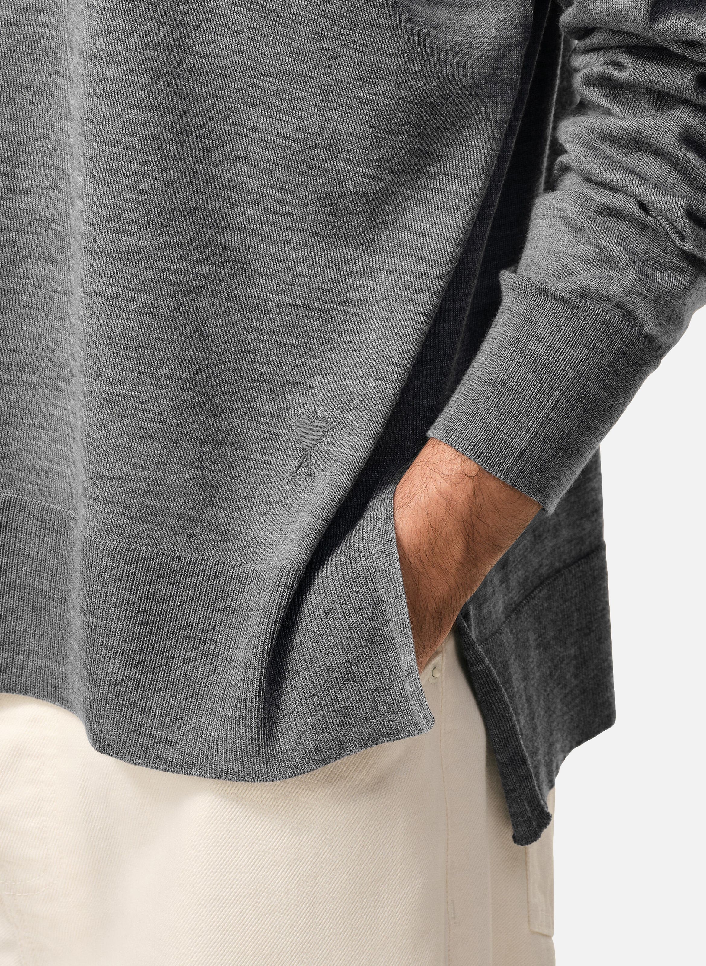 Pull col rond ami de coeur unisexe en laine fine AMI PARIS Gris