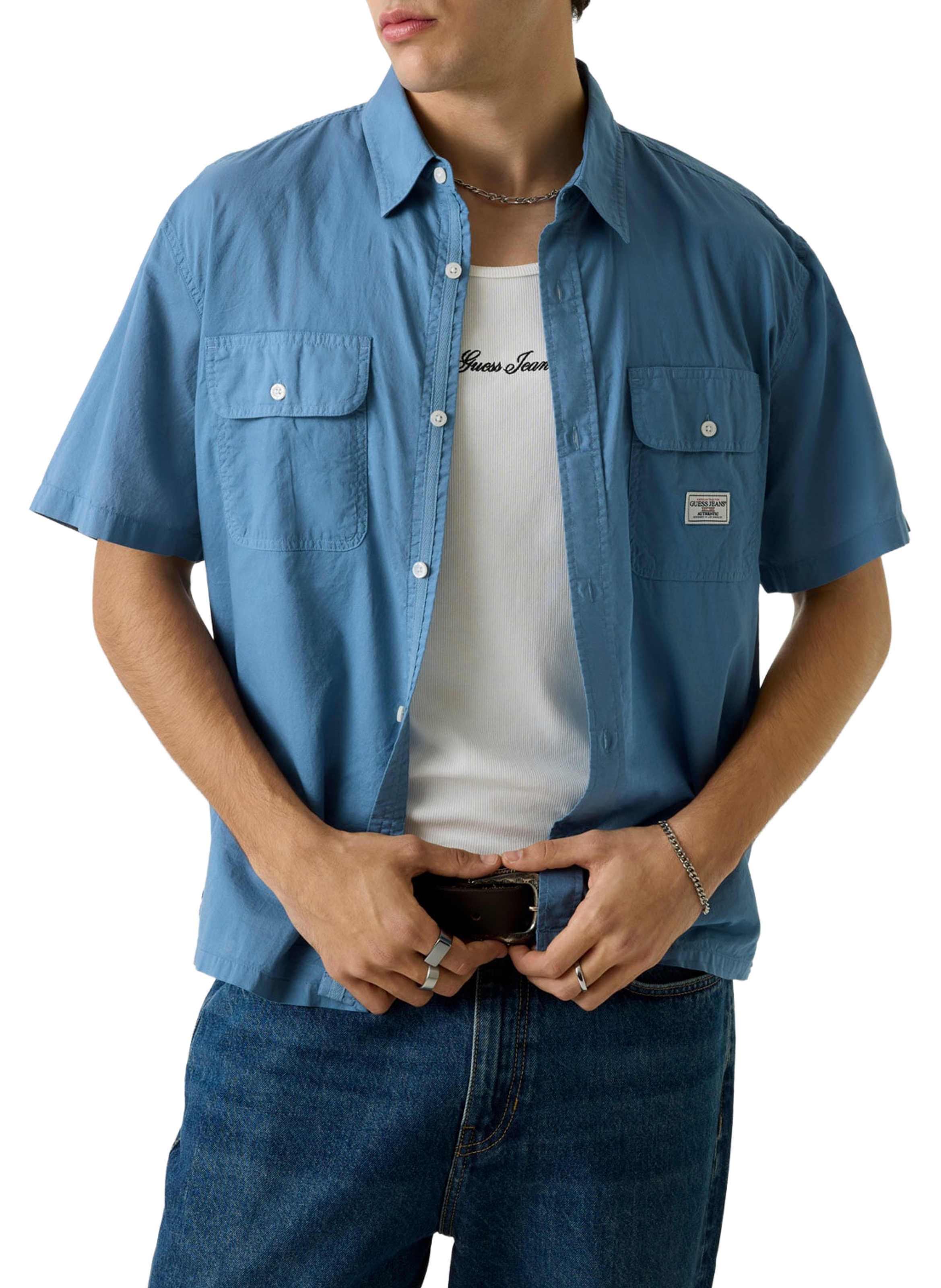 Short-sleeved straight cotton shirt GUESS Blue